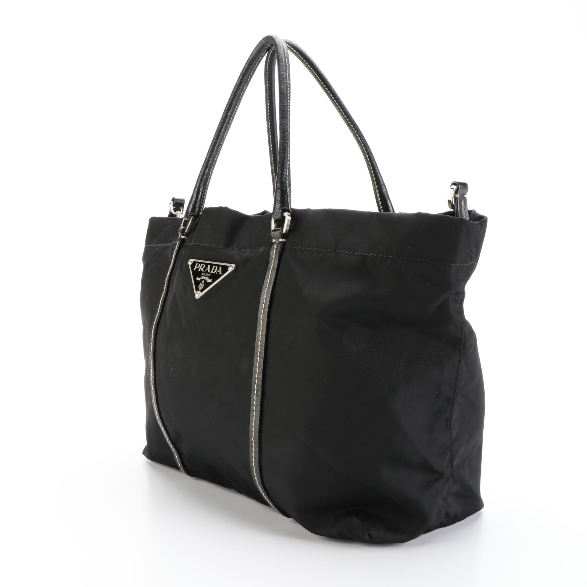 Prada Tessuto Tote Bag in Black Nylon with Leather Trim