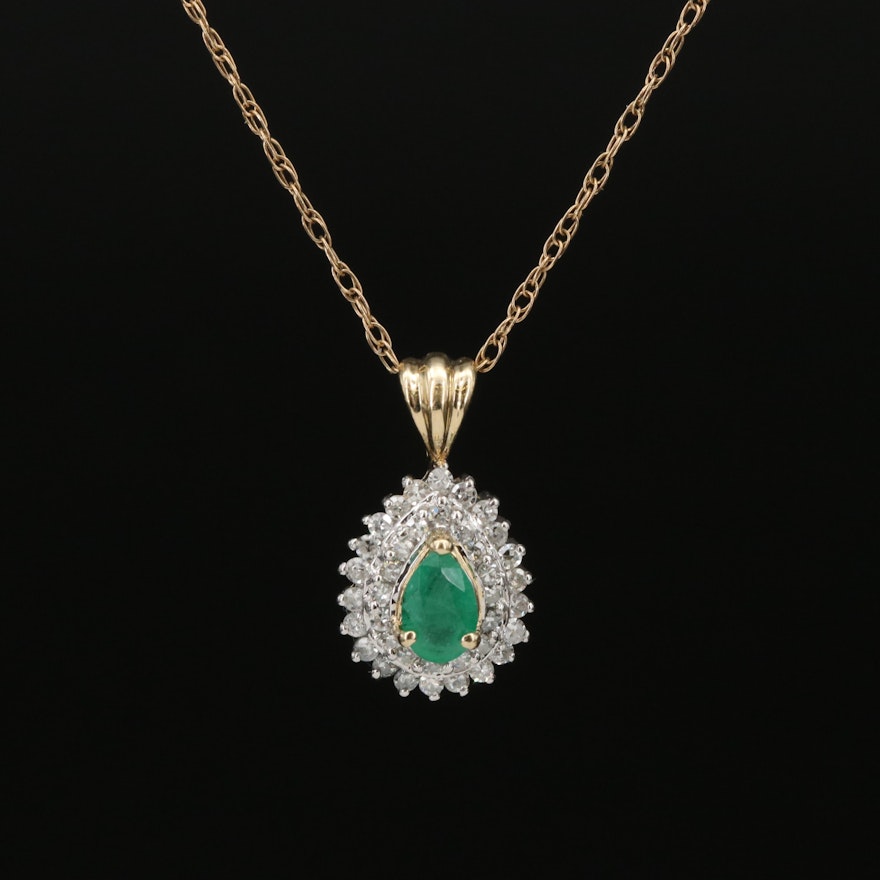 14K Emerald and Diamond Drop Pendant Necklace