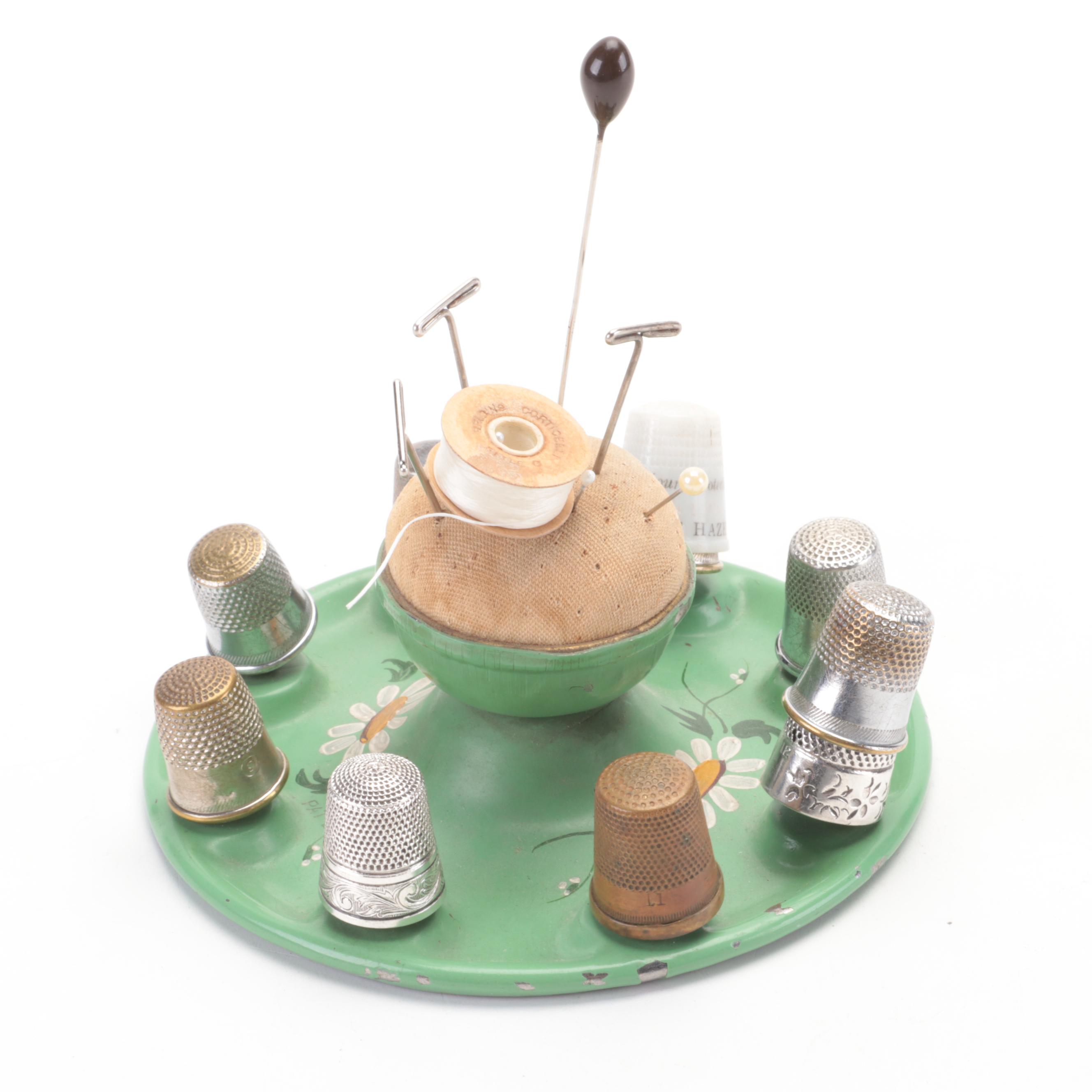 Toleware Hand-Painted Thimble and Pin Holder with Thimbles, Early 20th Century