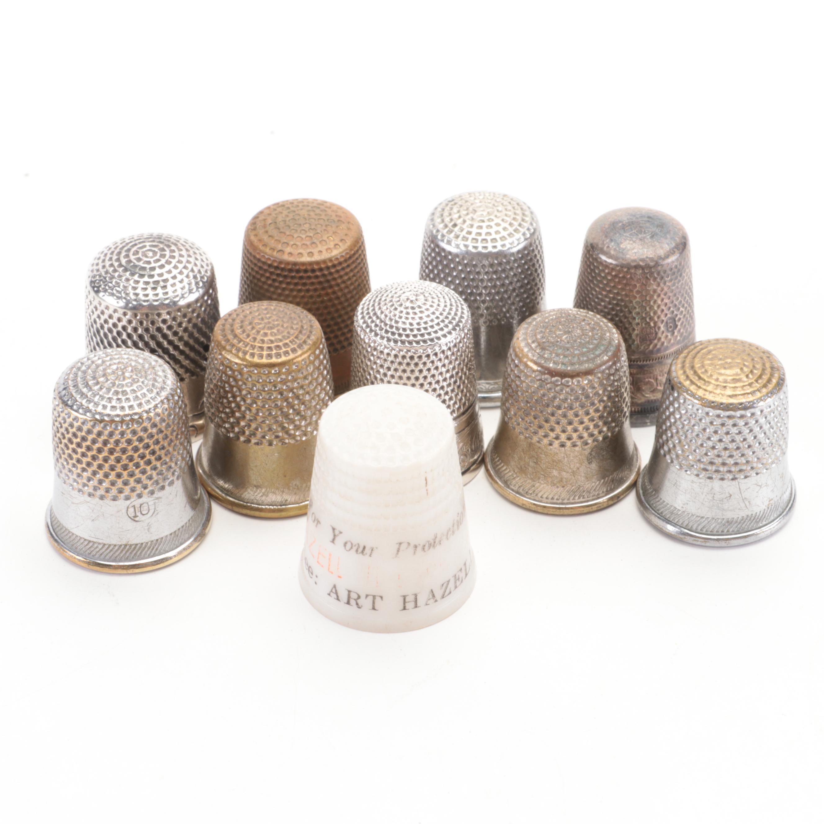 Toleware Hand-Painted Thimble and Pin Holder with Thimbles, Early 20th Century