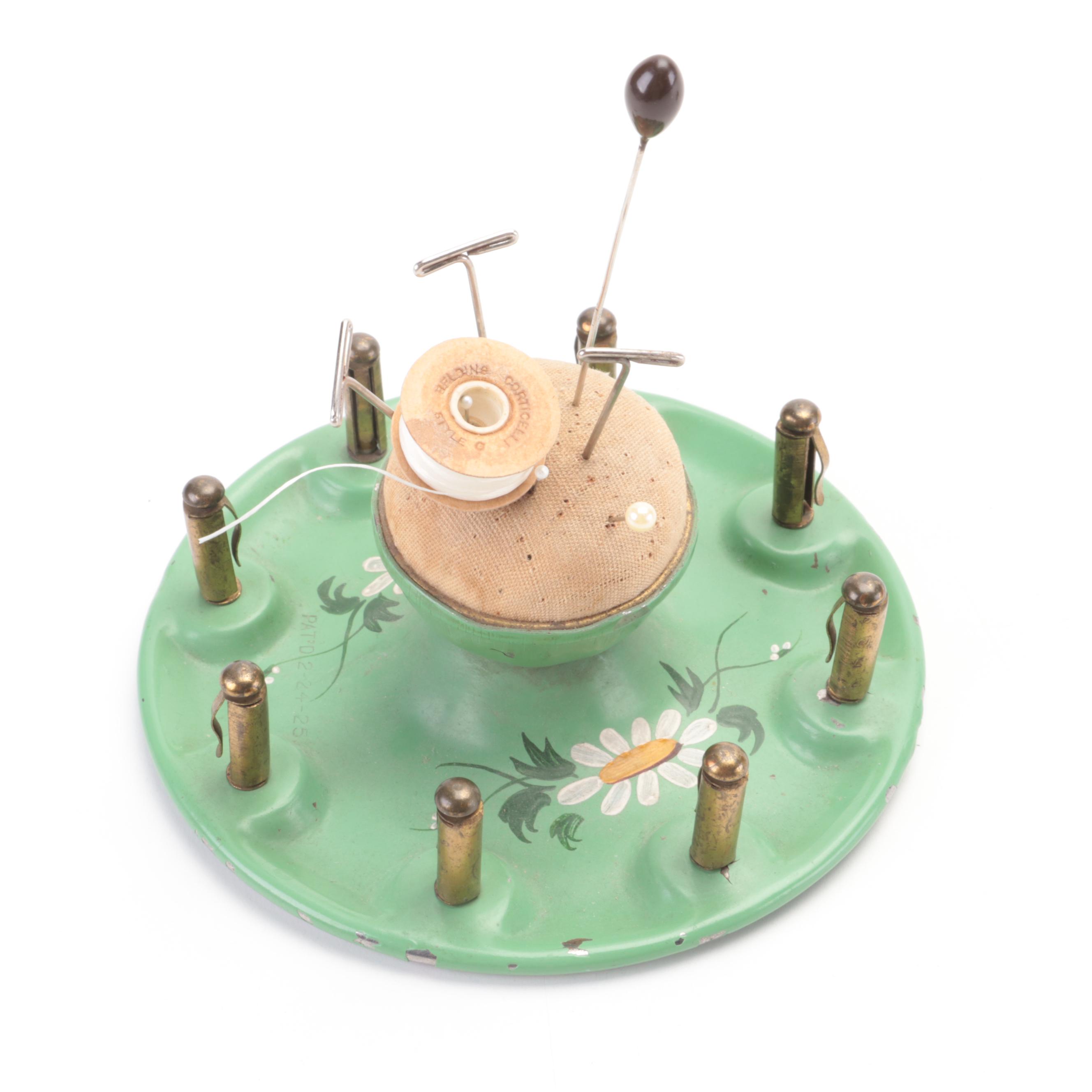 Toleware Hand-Painted Thimble and Pin Holder with Thimbles, Early 20th Century