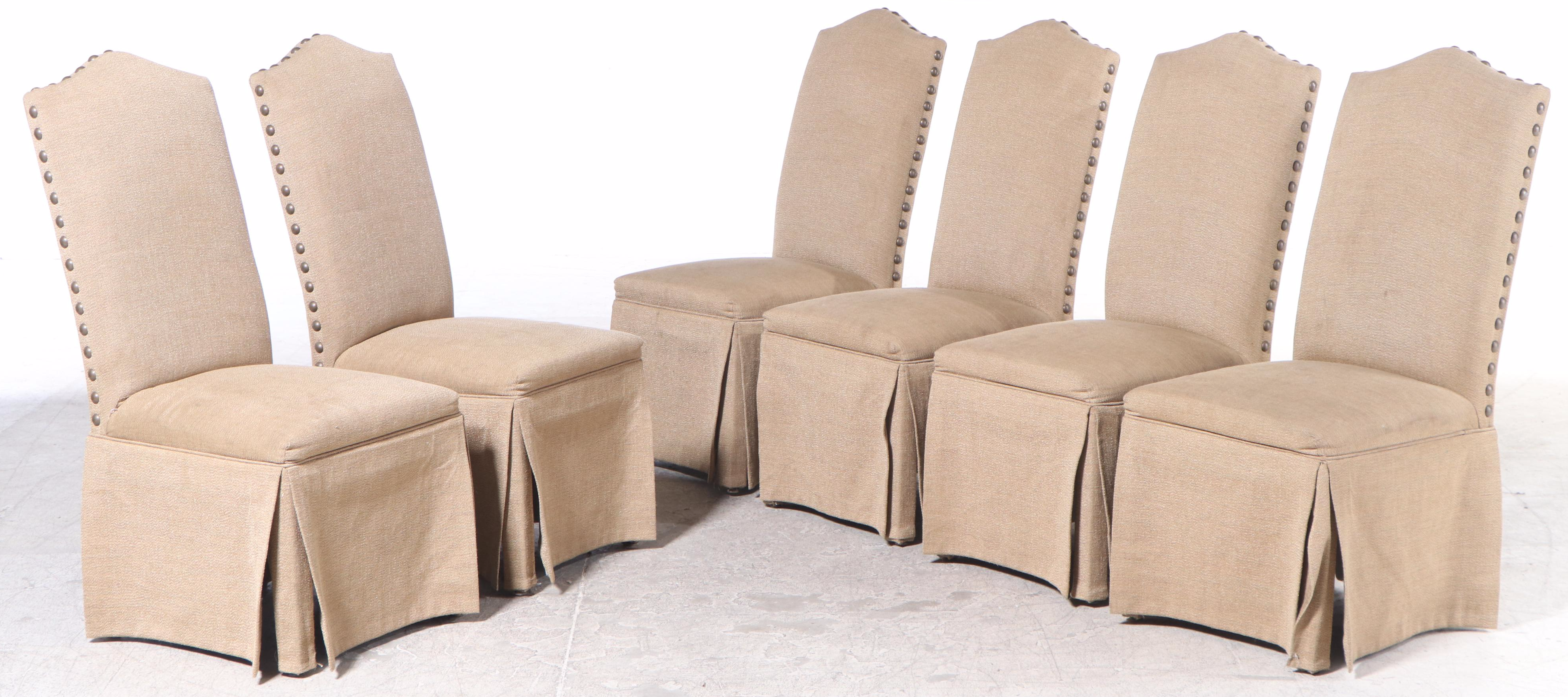 Container Marketing Farmhouse Dining Table and Six Brass-Tacked Parsons Chairs