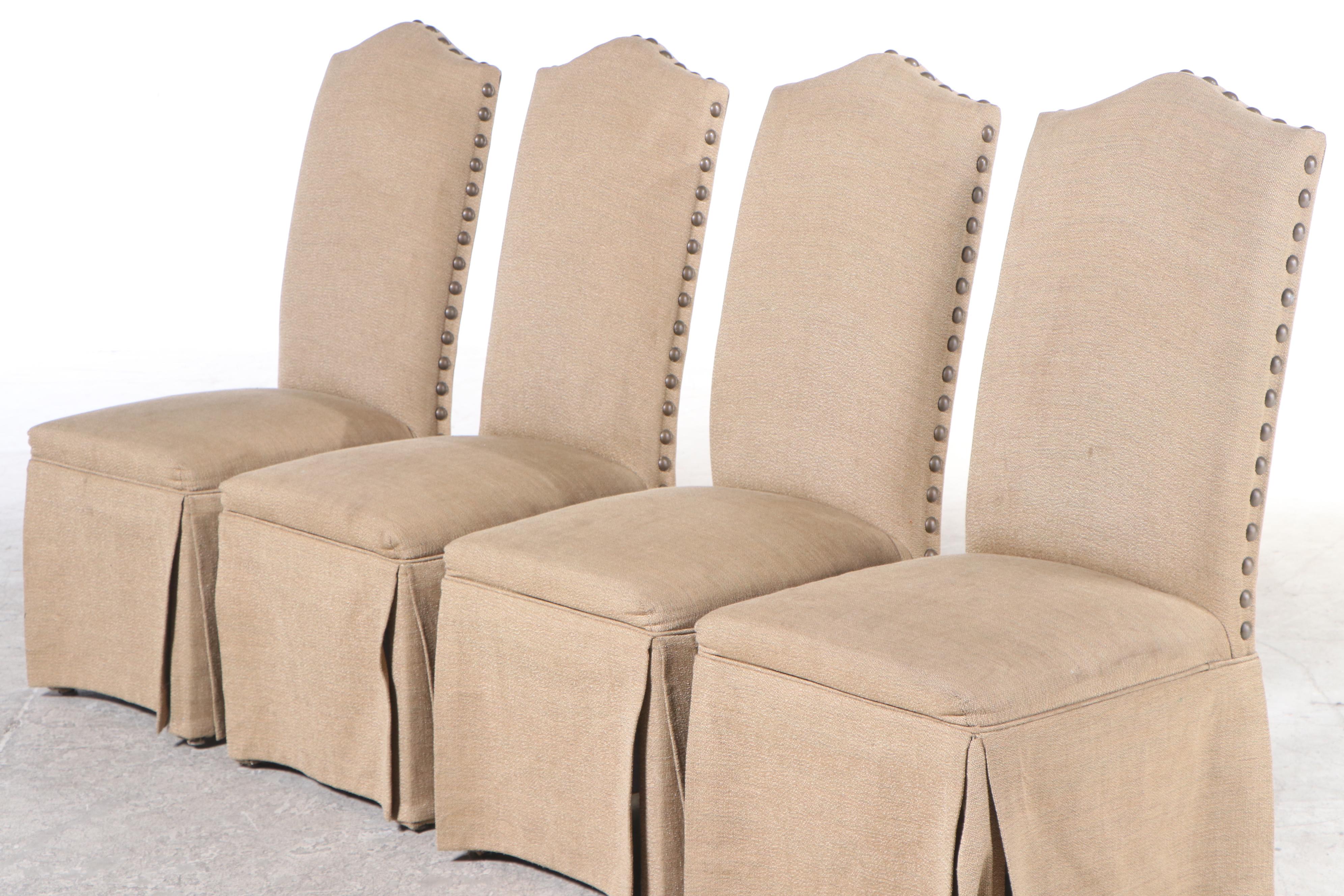 Container Marketing Farmhouse Dining Table and Six Brass-Tacked Parsons Chairs