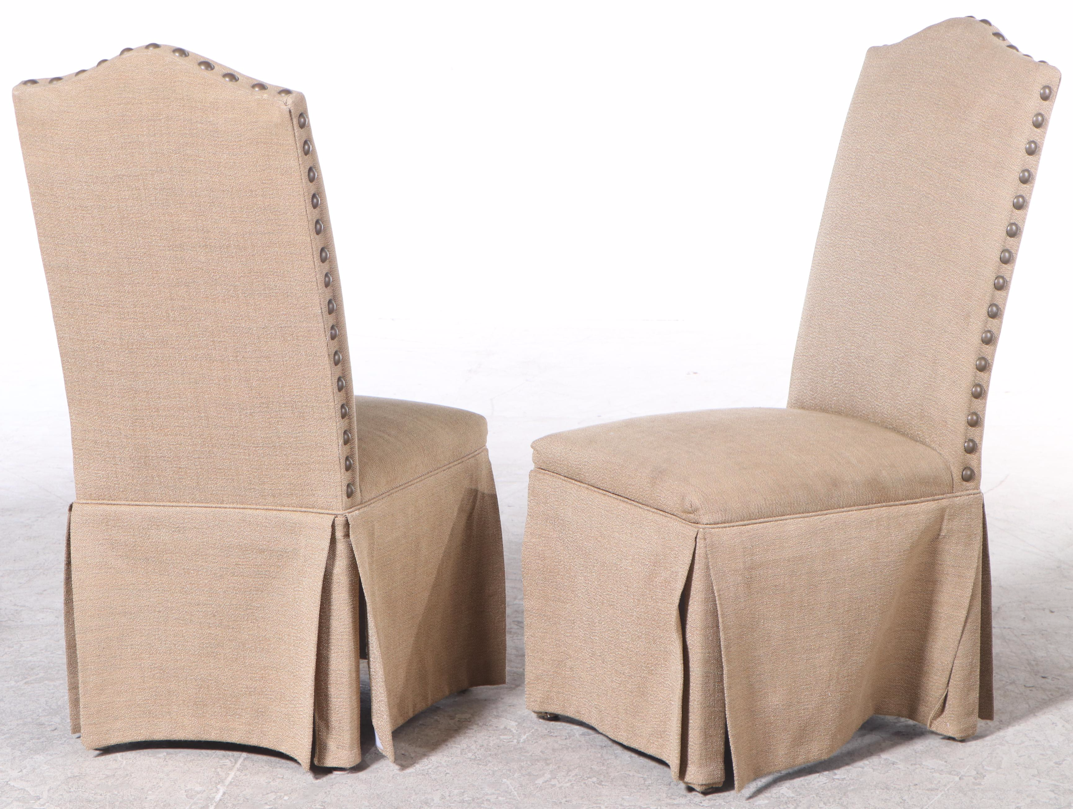 Container Marketing Farmhouse Dining Table and Six Brass-Tacked Parsons Chairs