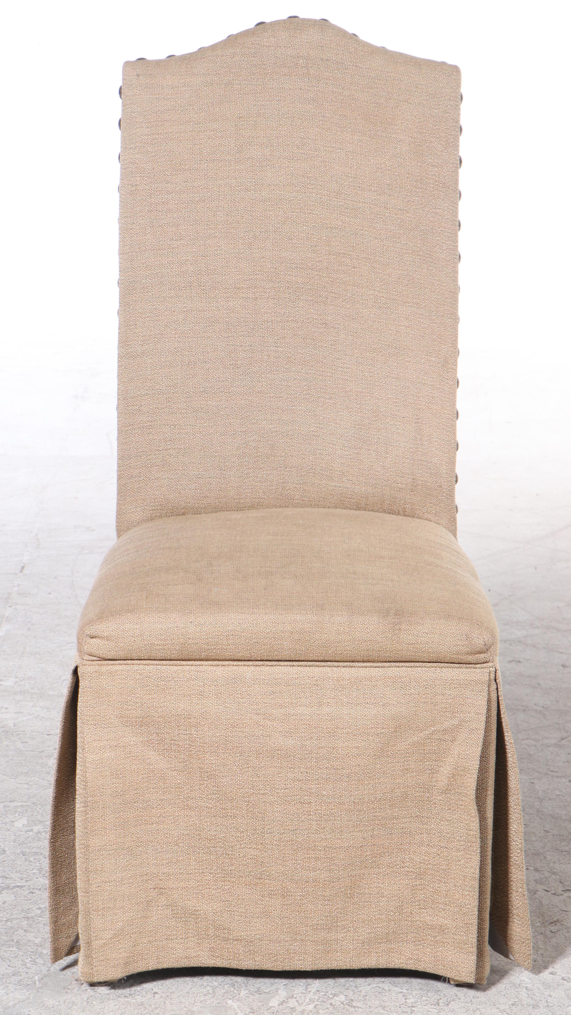 Container Marketing Farmhouse Dining Table and Six Brass-Tacked Parsons Chairs