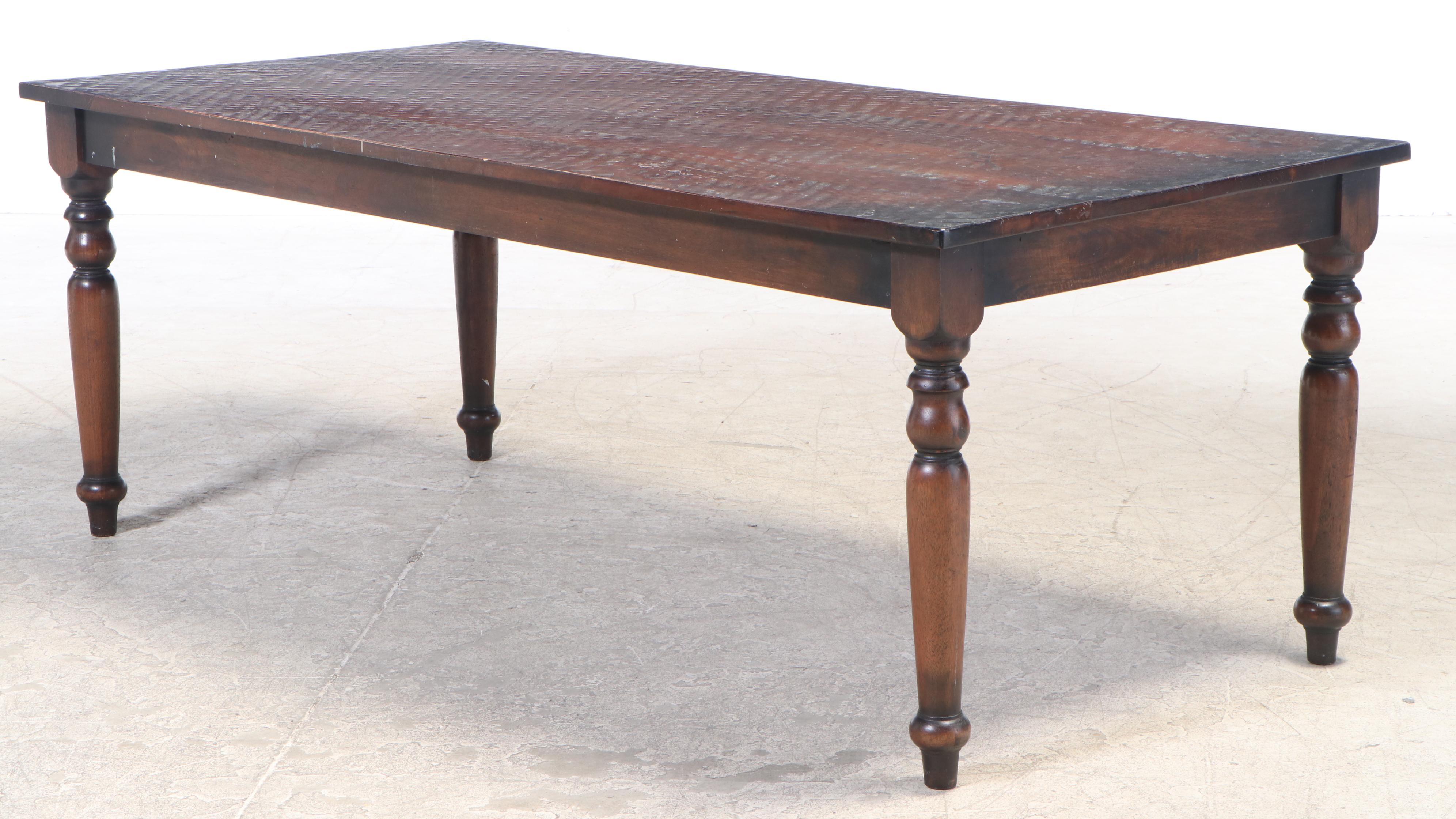 Container Marketing Farmhouse Dining Table and Six Brass-Tacked Parsons Chairs