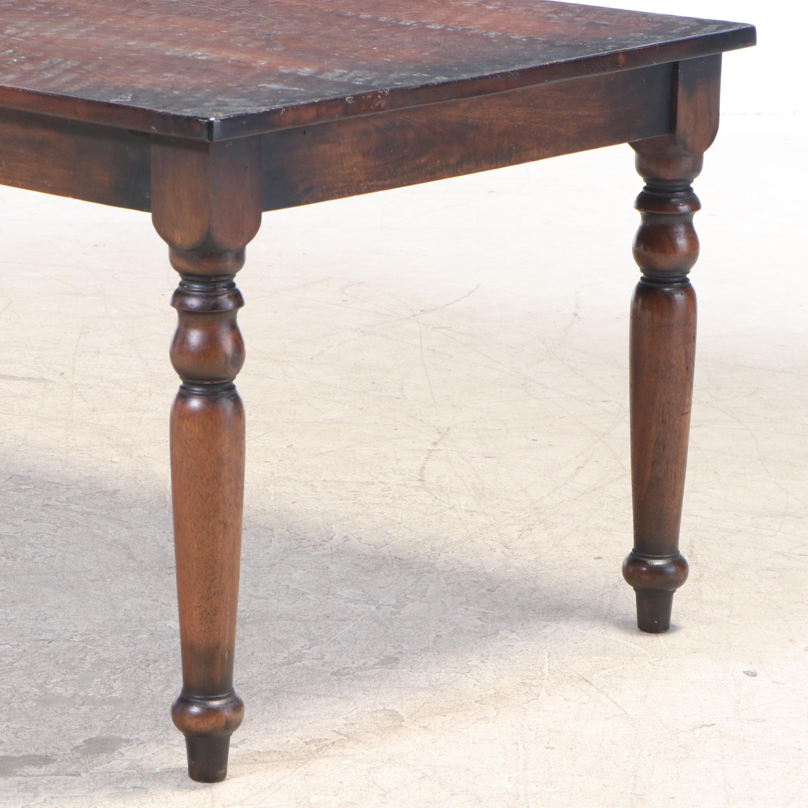 Container Marketing Farmhouse Dining Table and Six Brass-Tacked Parsons Chairs