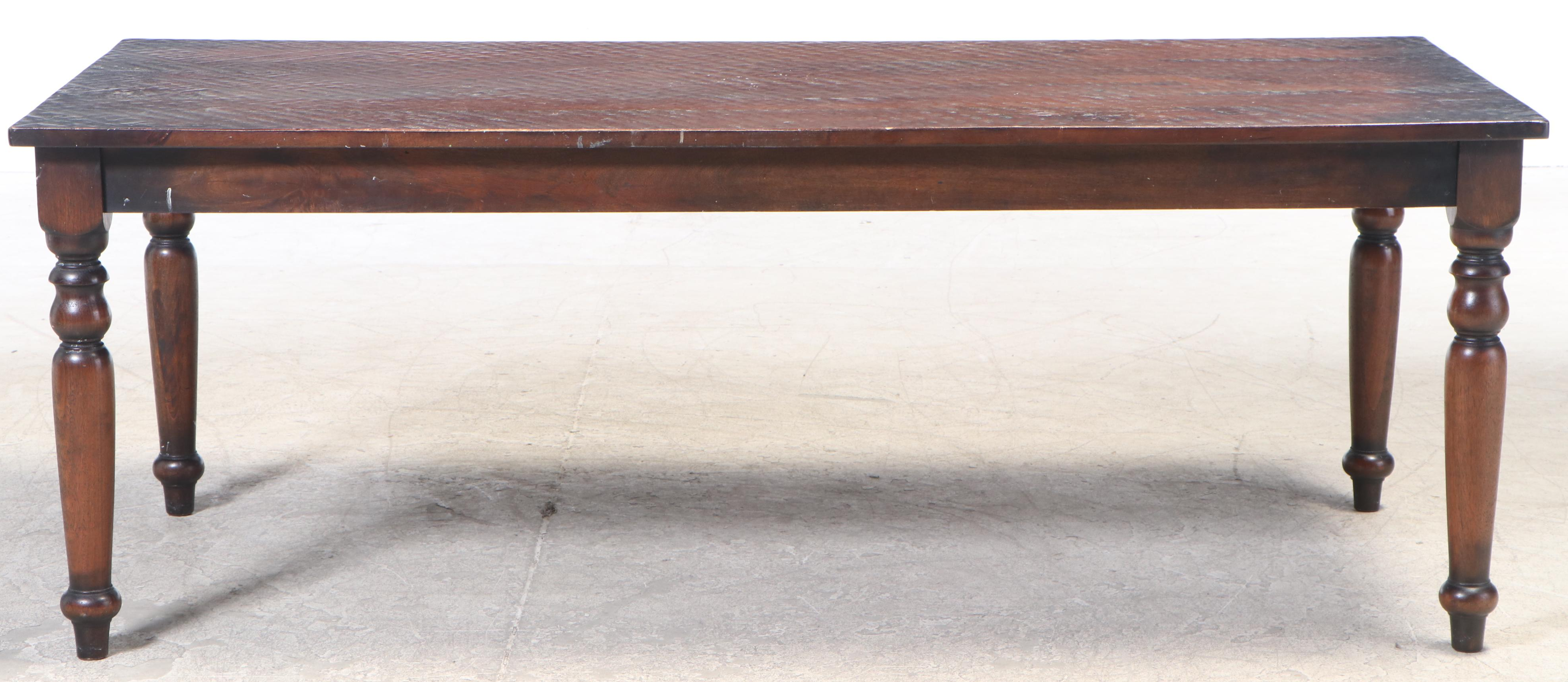 Container Marketing Farmhouse Dining Table and Six Brass-Tacked Parsons Chairs