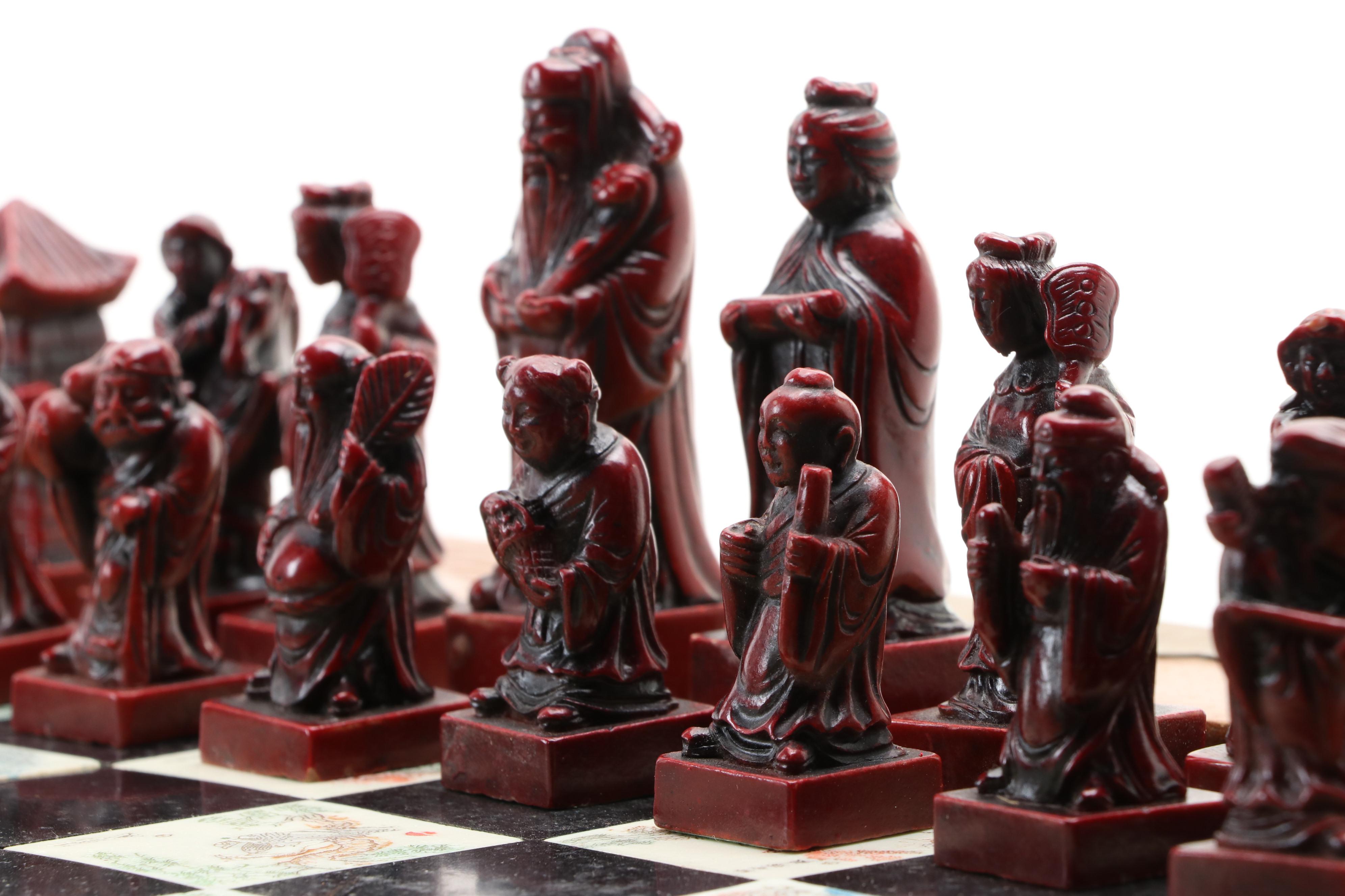 Chinese Dynasty Style Travel Chess Set with Resin Pieces and Wood Game Board