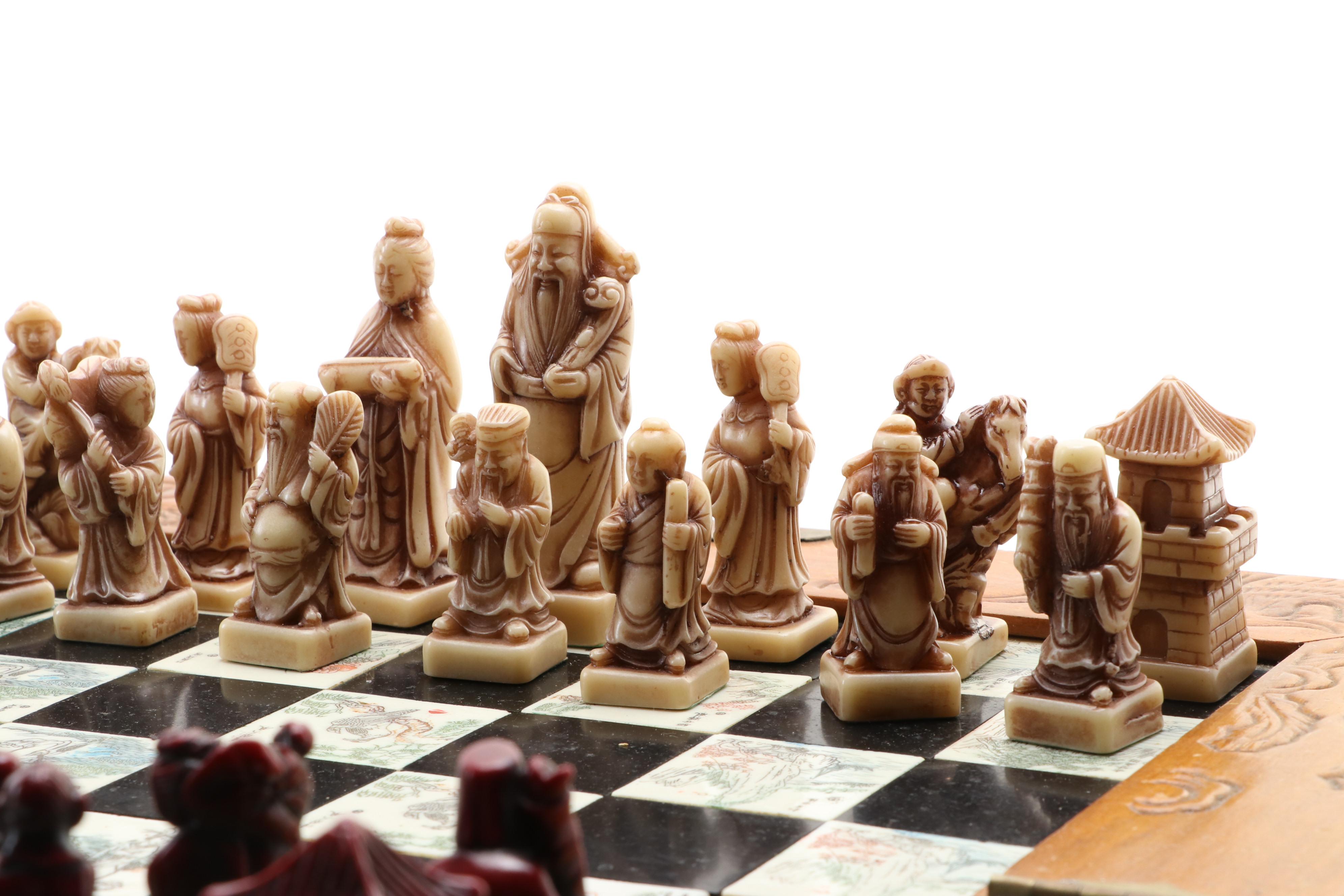 Chinese Dynasty Style Travel Chess Set with Resin Pieces and Wood Game Board