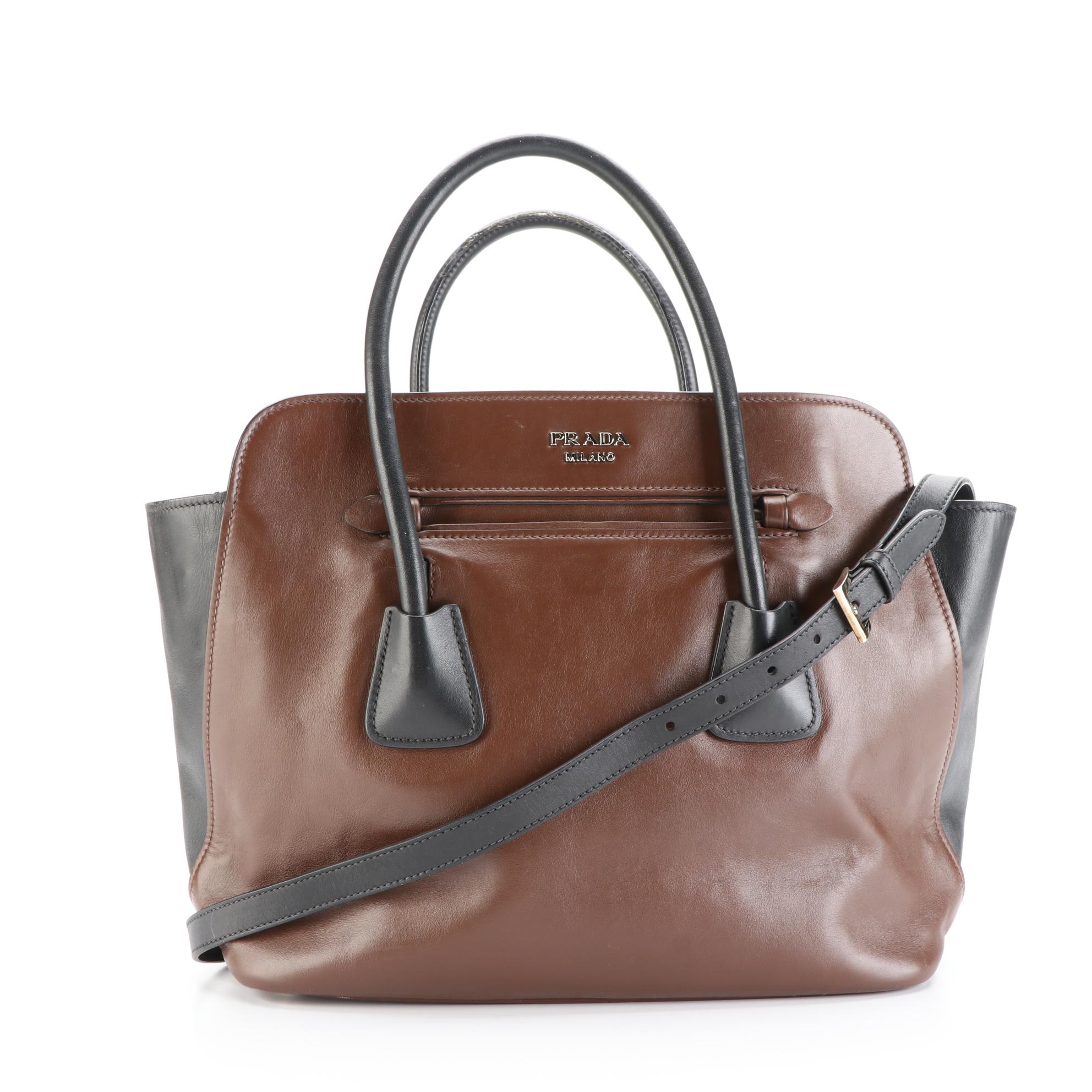 Prada Shopping Tote BN2611 in Brown/Black Calfskin Leather