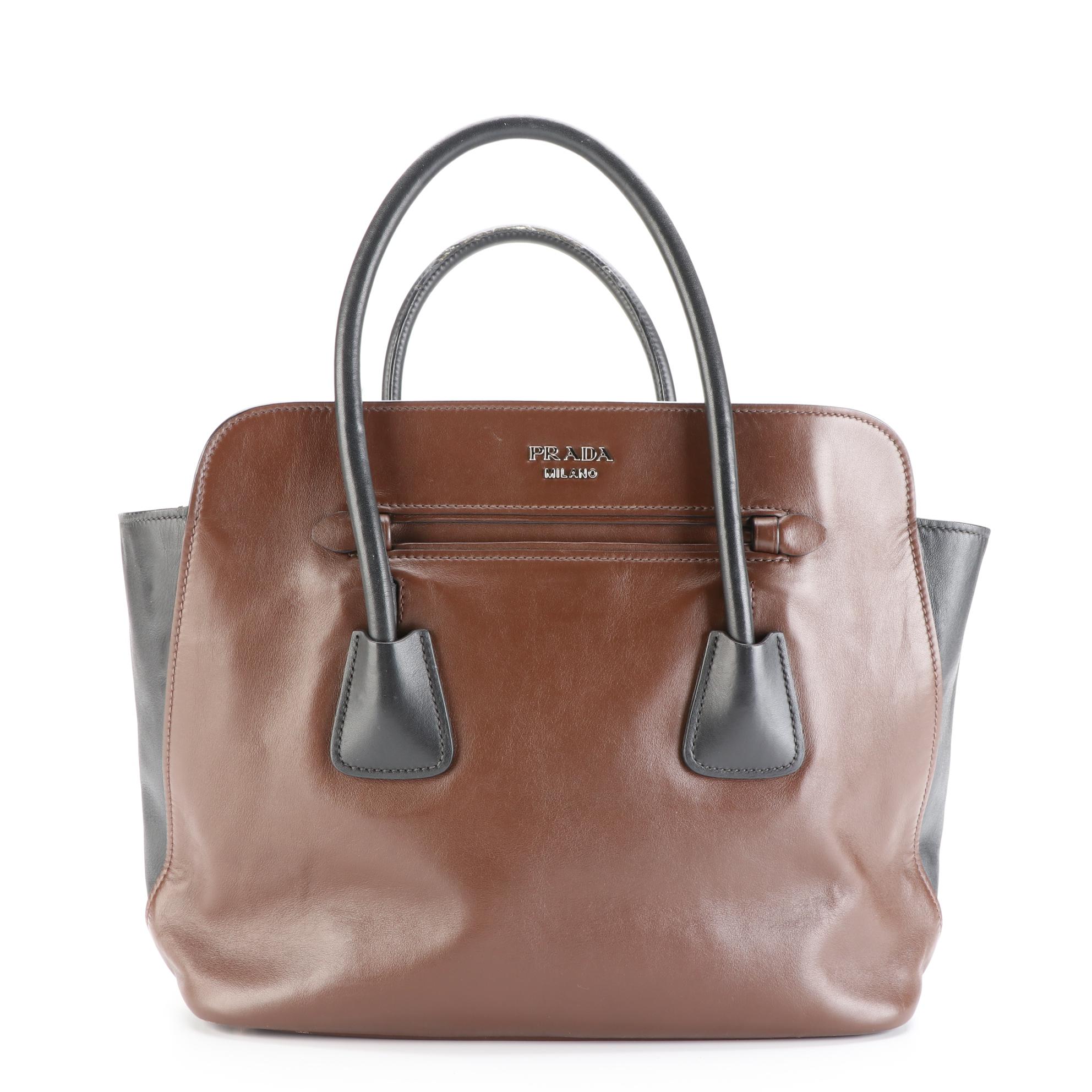 Prada Shopping Tote BN2611 in Brown/Black Calfskin Leather