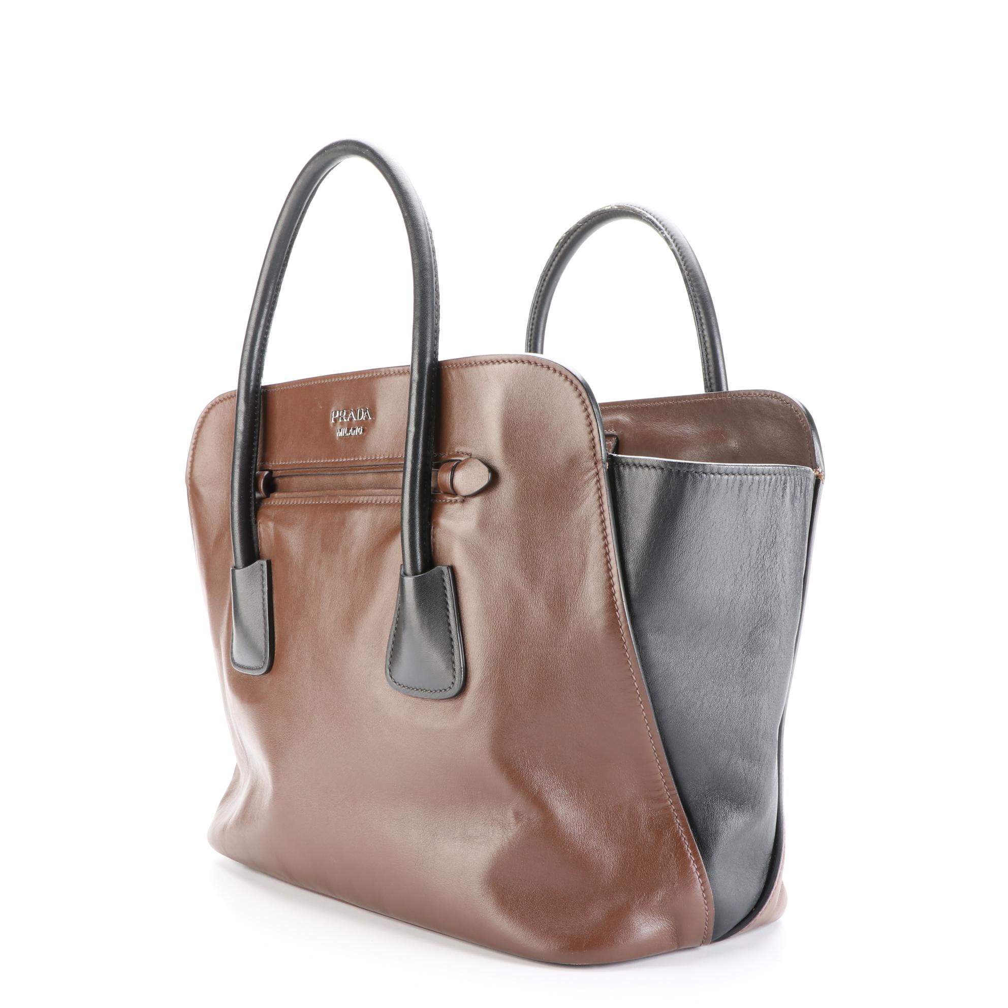 Prada Shopping Tote BN2611 in Brown/Black Calfskin Leather