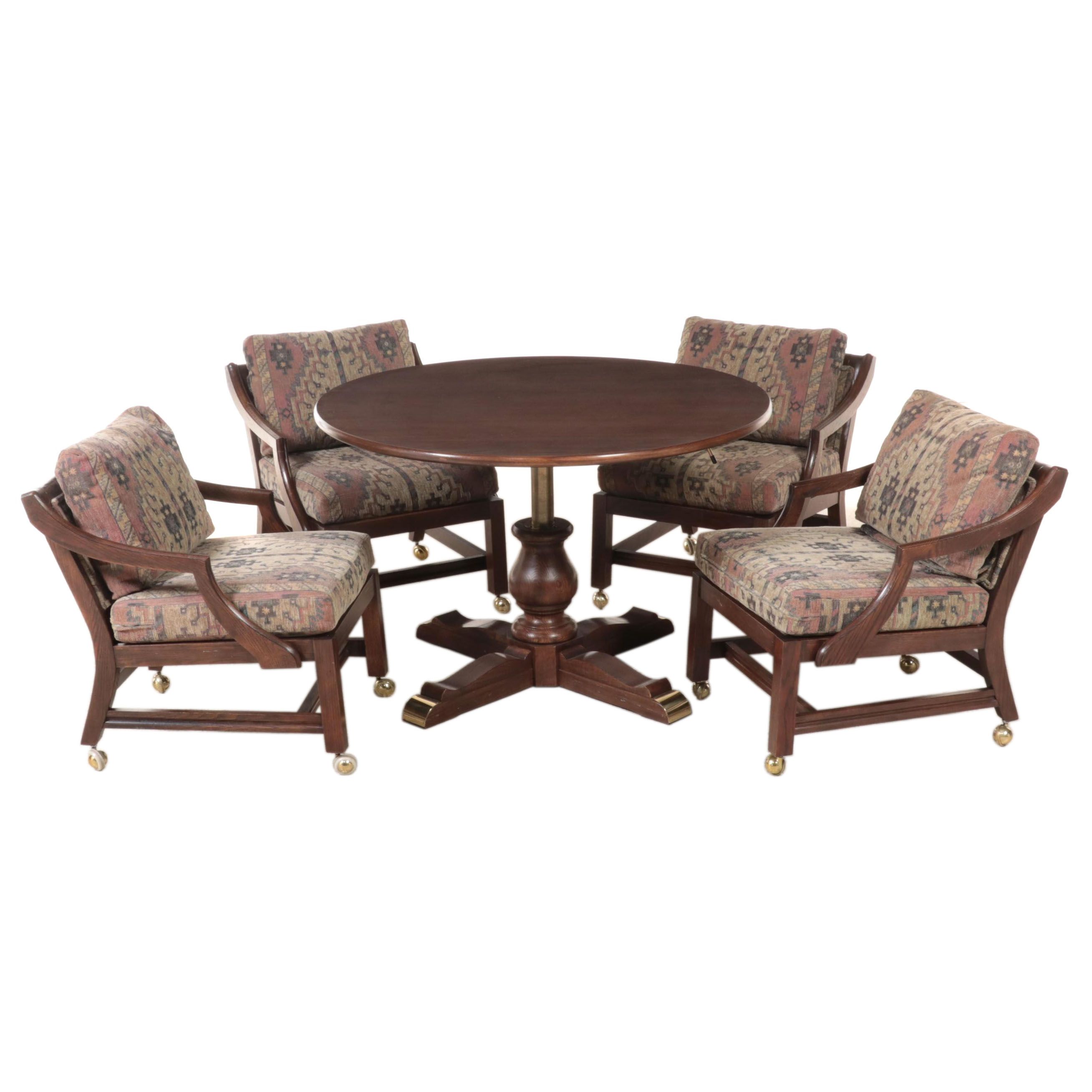 Adjustable-Height Oak Games Table with Four Armchairs on Casters