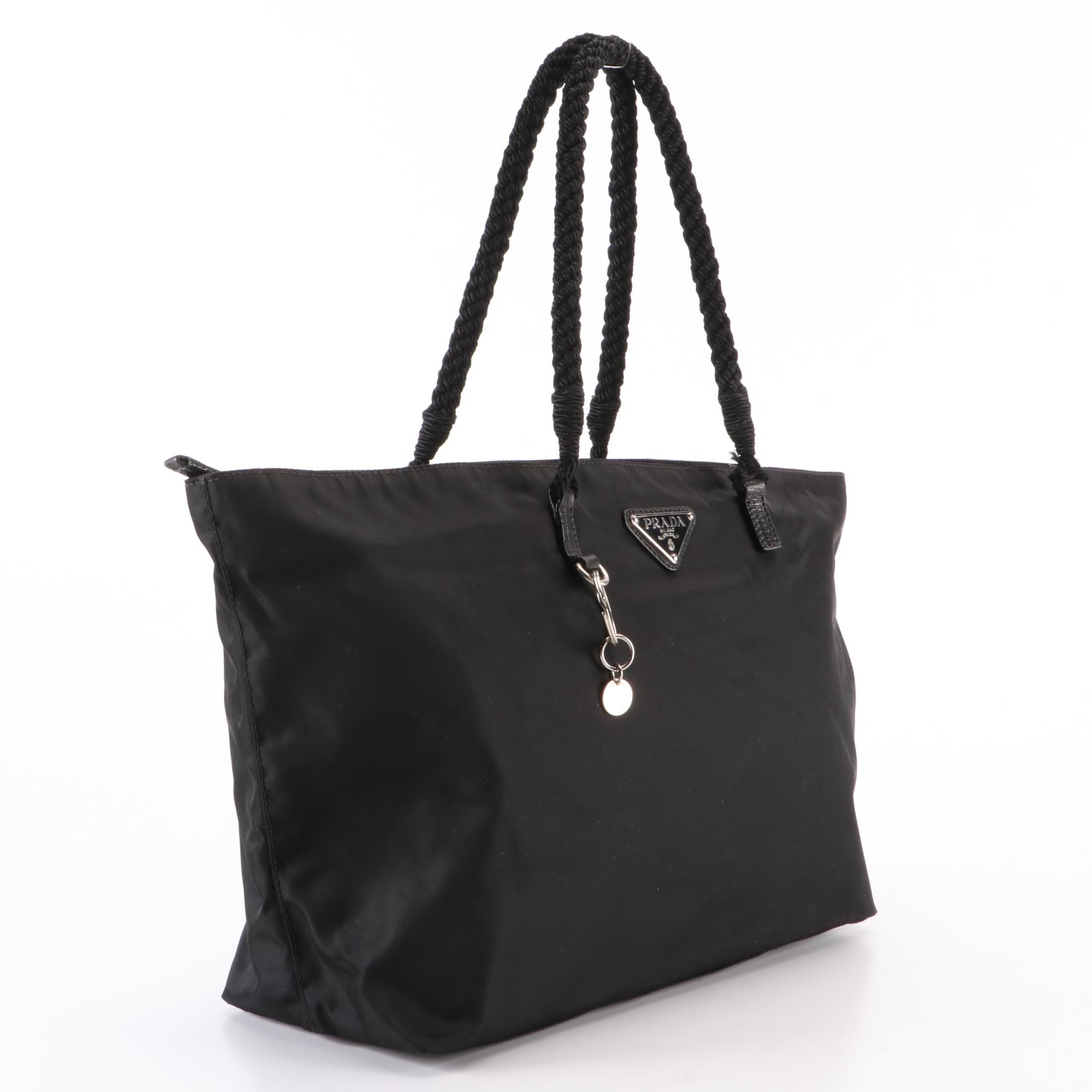 Prada Small Zip Tote in Black Nylon Gabardine with Rope Handles/Leather Trim