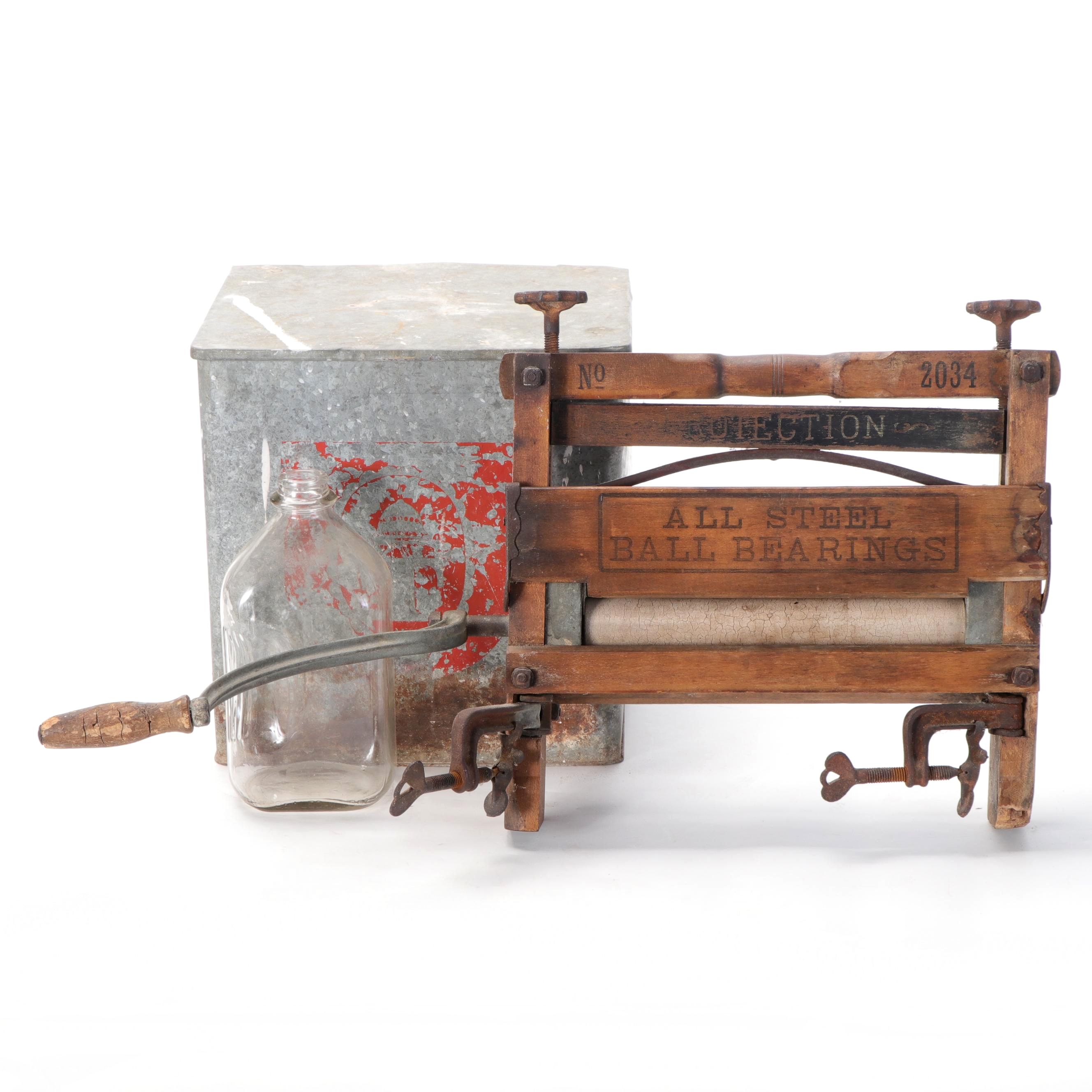 Wooden Clothes Wringer with Galvanized Milk Box and Glass Bottles