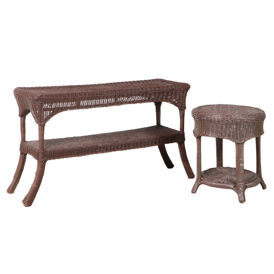 Brown-Painted Wicker and Rattan Console Table and Side Table