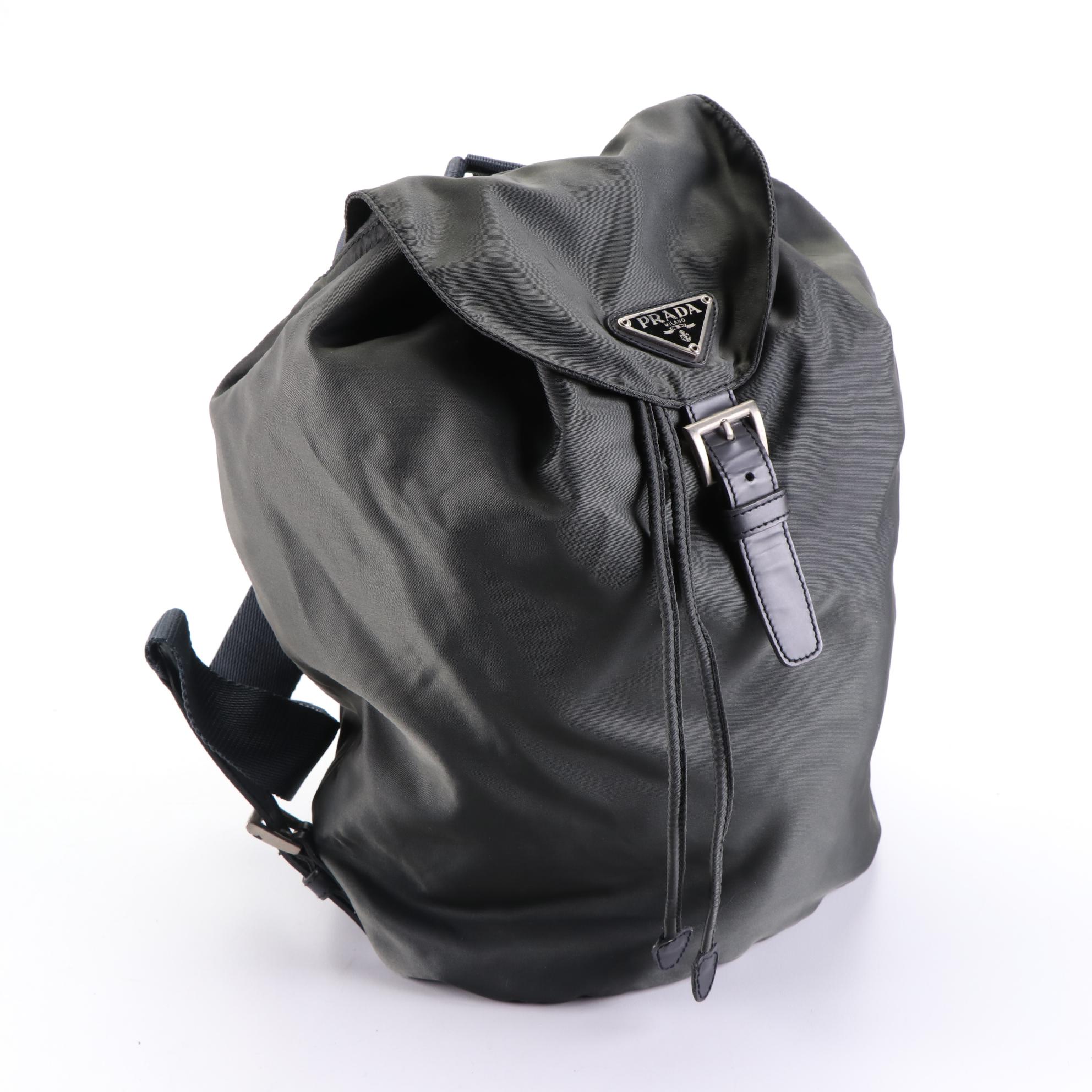 Prada Drawstring Backpack Purse in Nylon with Leather Trim