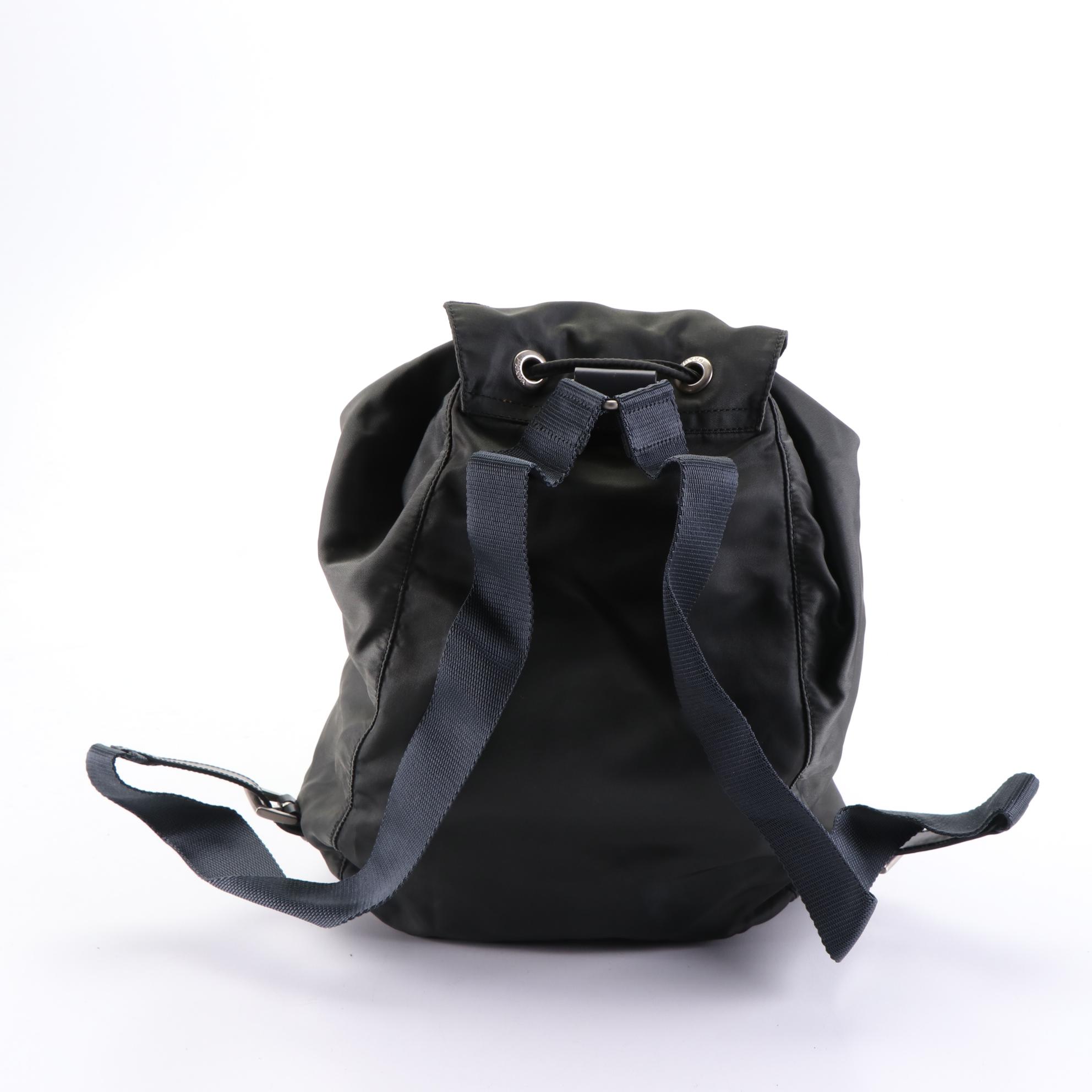 Prada Drawstring Backpack Purse in Nylon with Leather Trim
