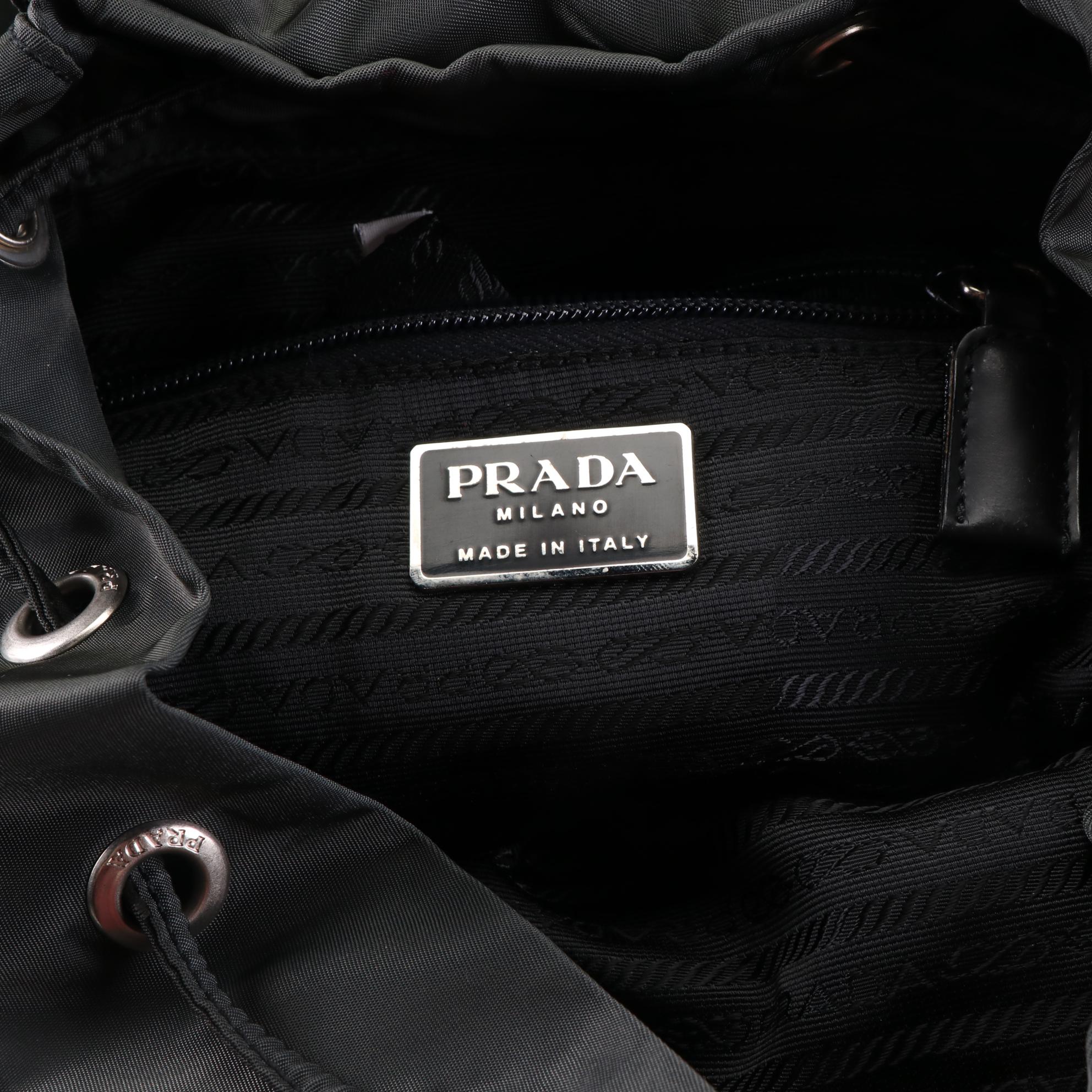 Prada Drawstring Backpack Purse in Nylon with Leather Trim
