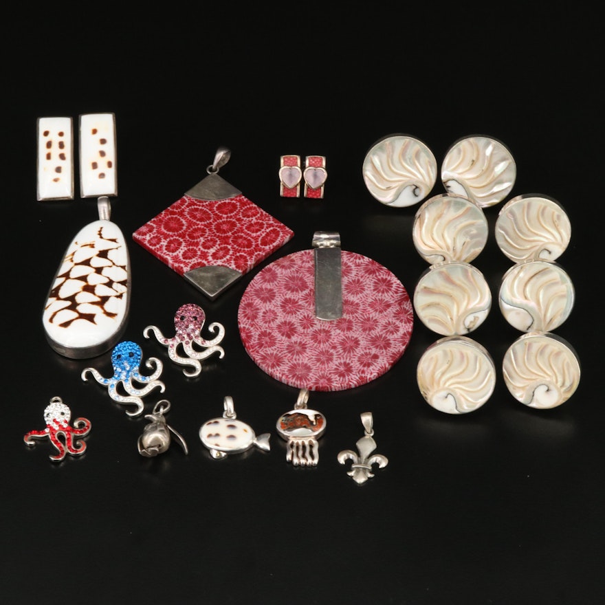 Sterling, Fossiled Coral, Shell and Rhinestone Ocean Themed Assorted Jewelry