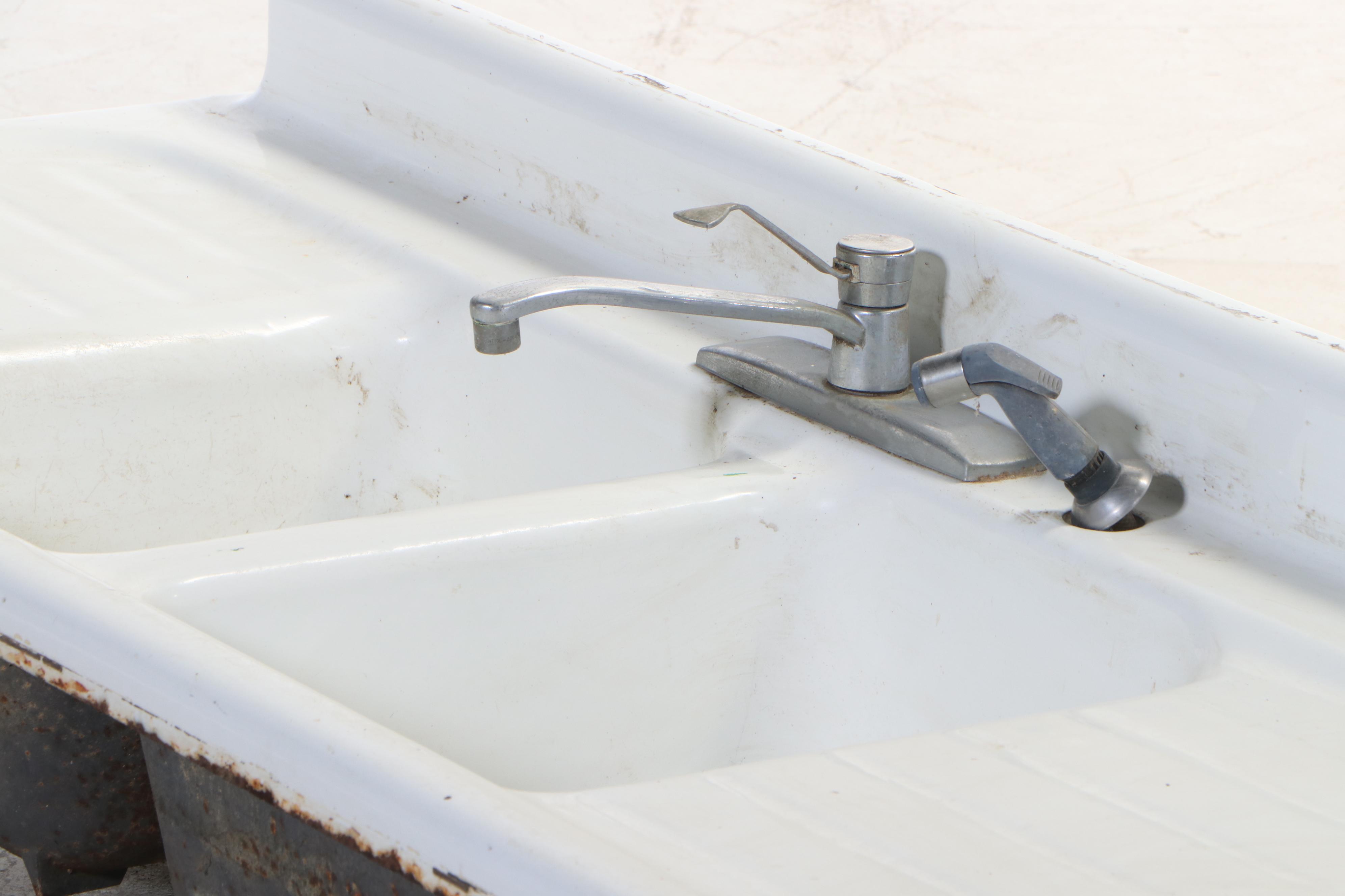 Enameled Cast Iron Double-Well Sink, Mid-20th Century