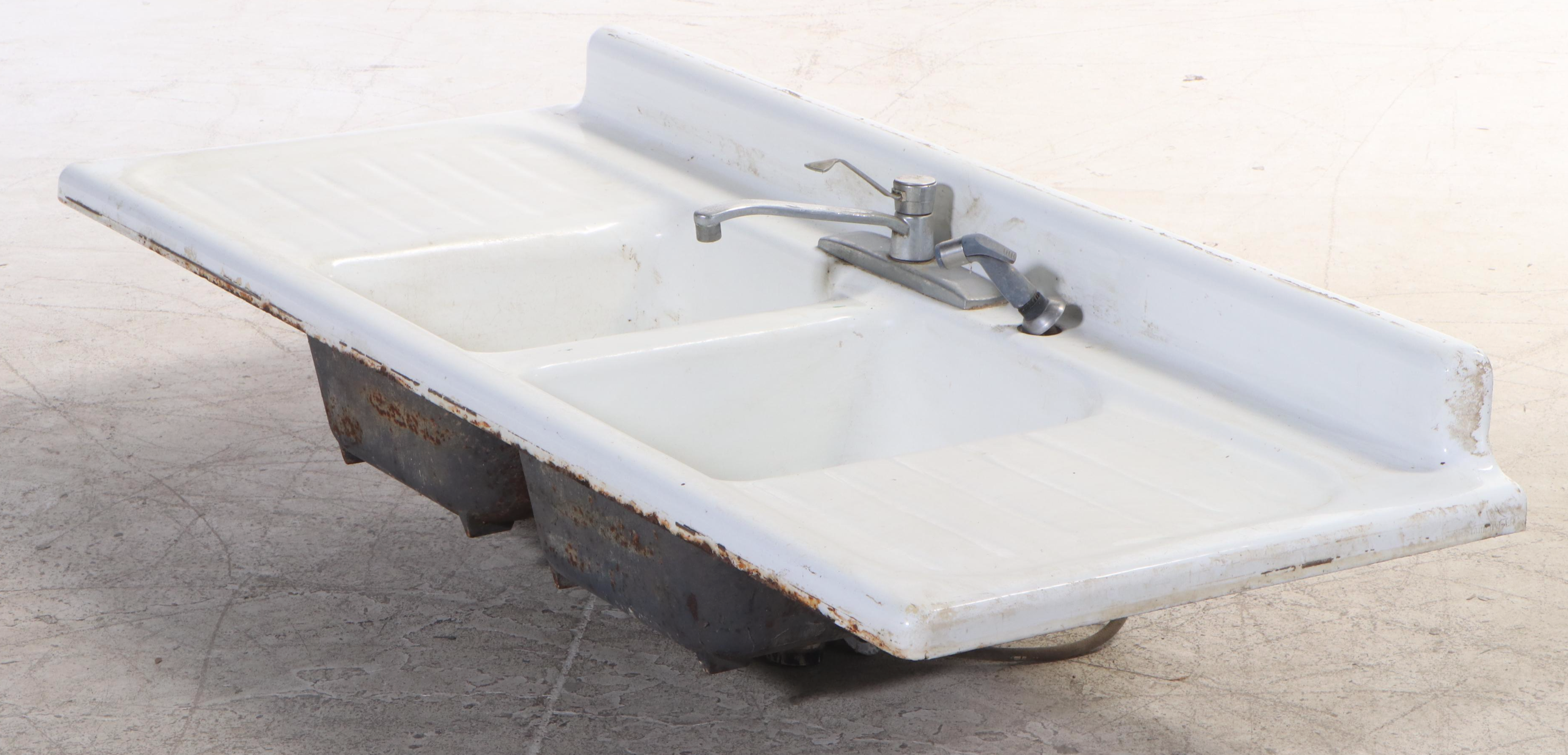 Enameled Cast Iron Double-Well Sink, Mid-20th Century