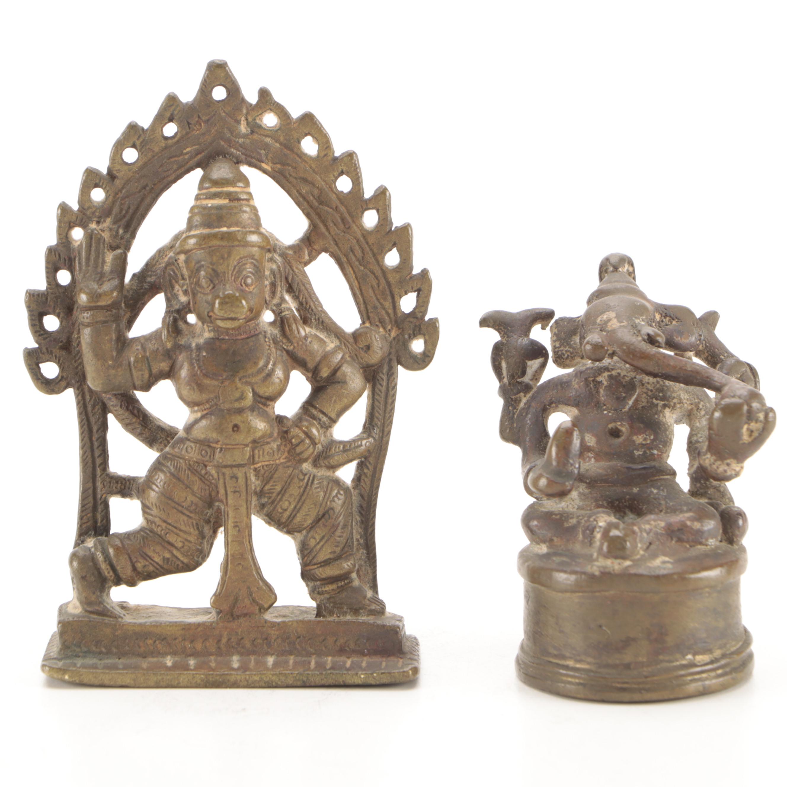Southeast Asian Cast Brass Hindu Lord Ganesha and Lord Hanuman Figure