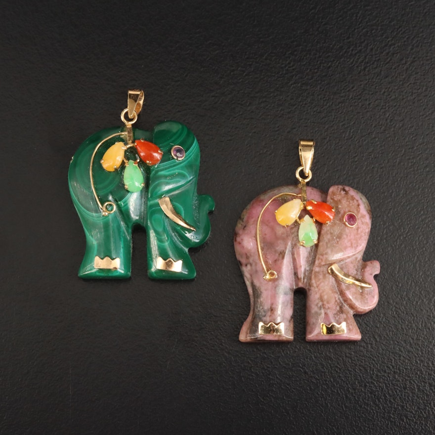 Elephant Pendants Including 14K Bail, Rhodonite, Malachite and Jadeite