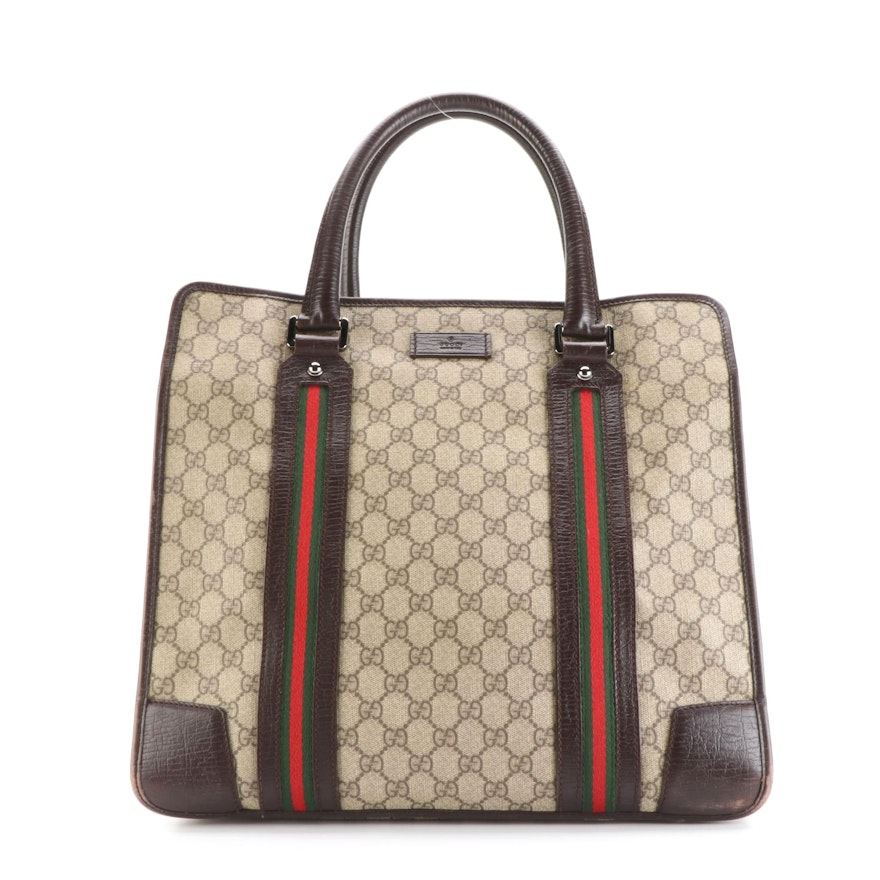 Gucci Medium Tote in GG Supreme Canvas, Brown Leather, and Web Stripe