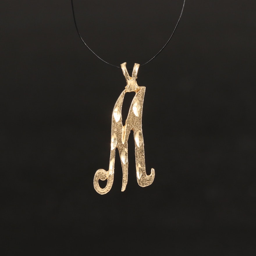 14K Initial "M" Pendant with Diamond Cut Accents