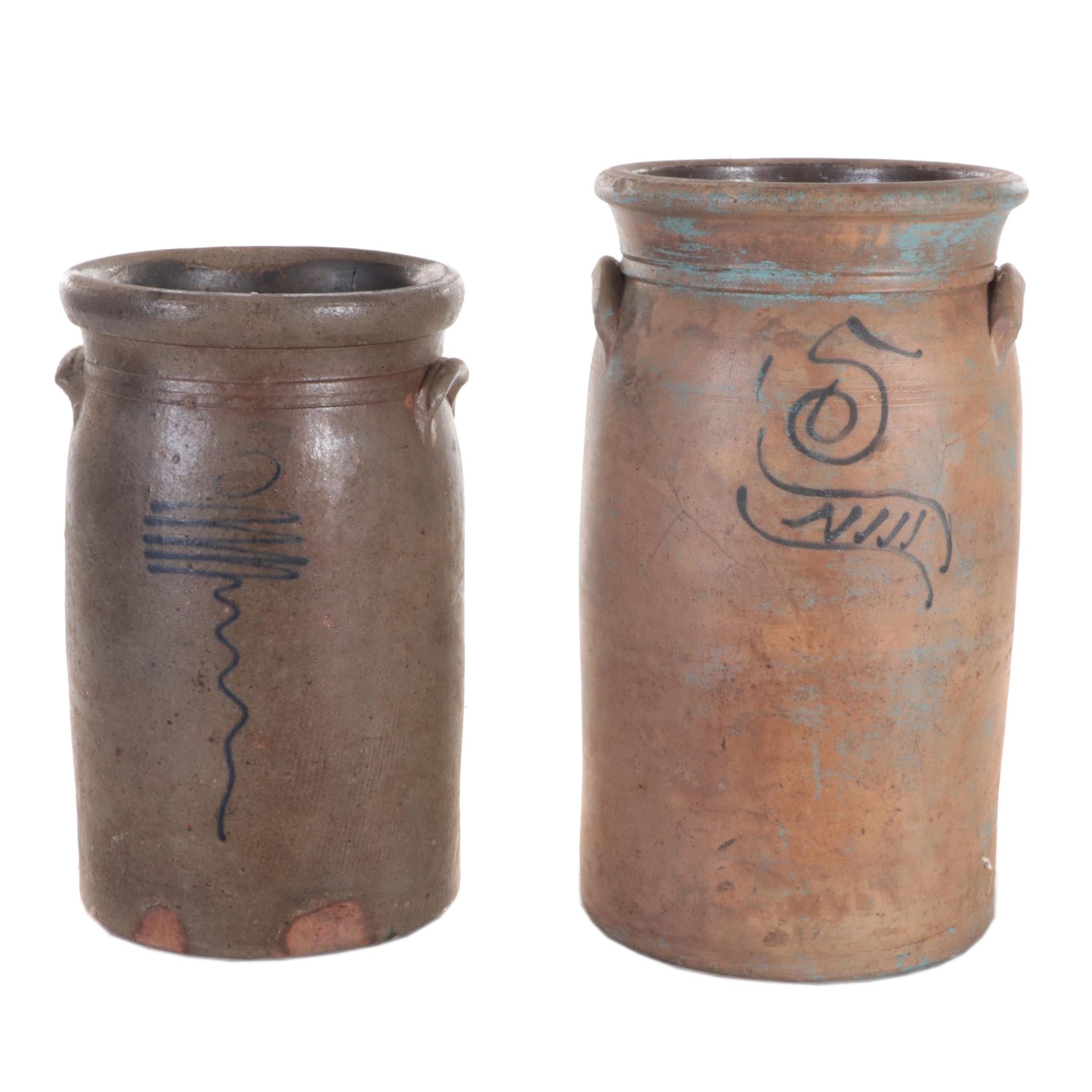 Stoneware Crock with Bee Sting Design and Five Gallon Crock with Cobalt Design