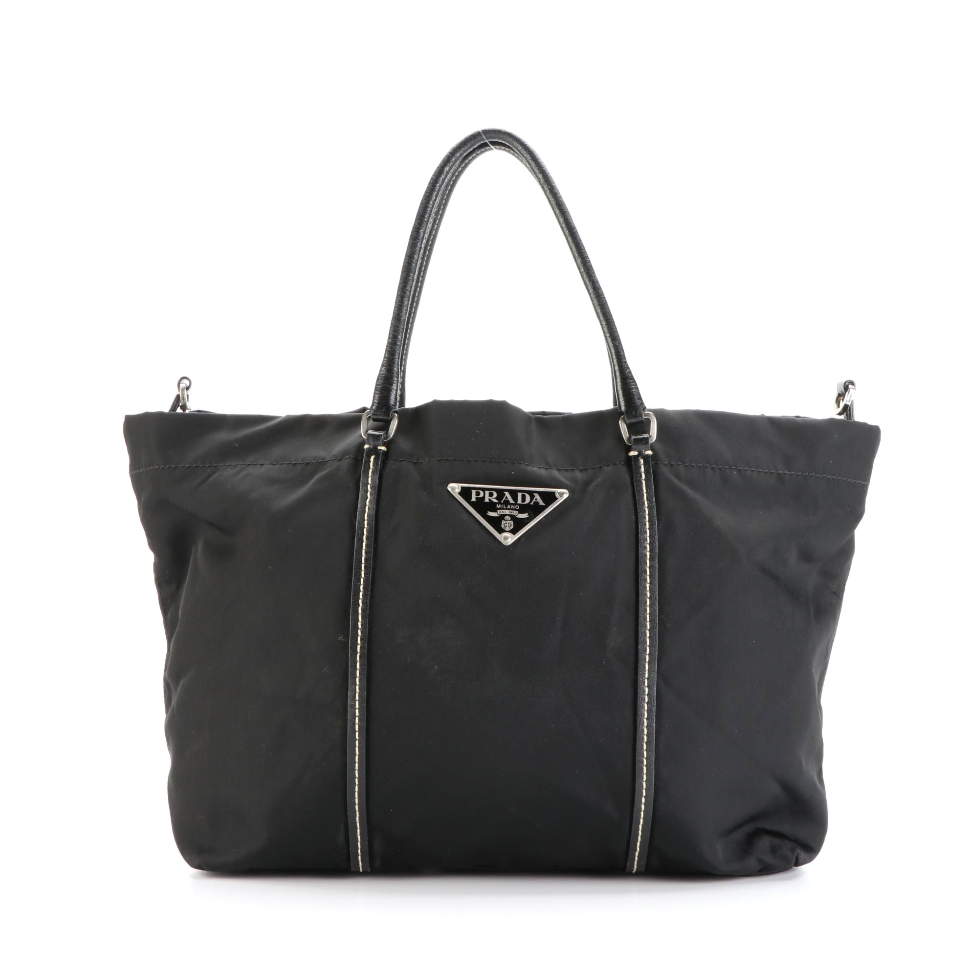 Prada Tessuto Tote Bag in Black Nylon with Leather Trim