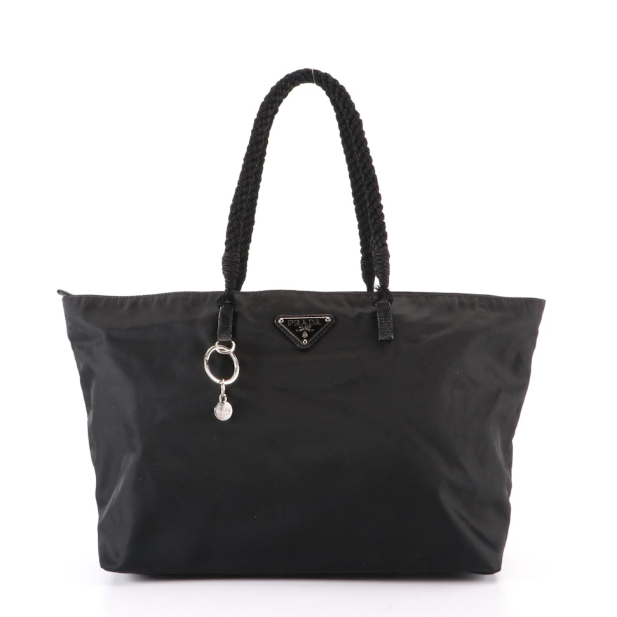 Prada Small Zip Tote in Black Nylon Gabardine with Rope Handles/Leather Trim