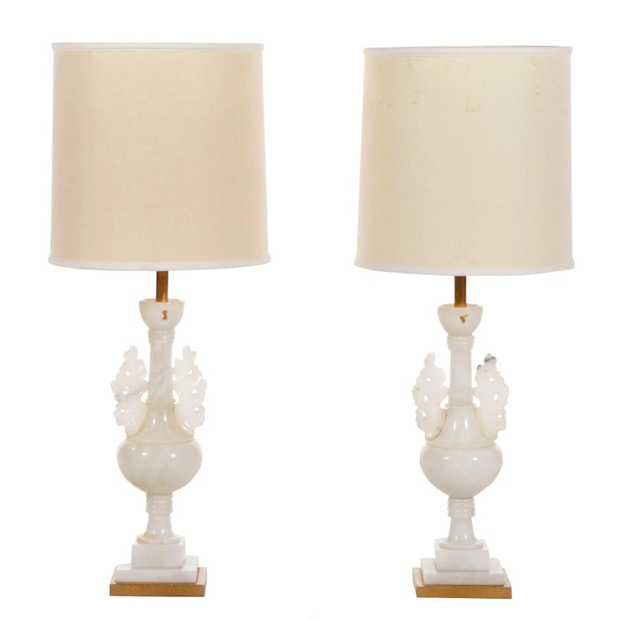 Pair of Carved Alabaster Handled Urn Table Lamps, Mid/ Late 20th Century