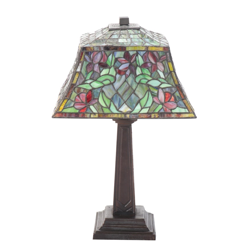 Mission Style Table Lamp With Slag Glass Shade, Circa 2000