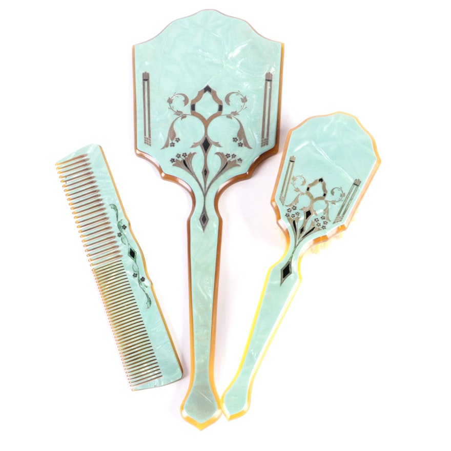 Art Deco Pearlescent Celluloid Vanity Set, Early to Mid 20th Century