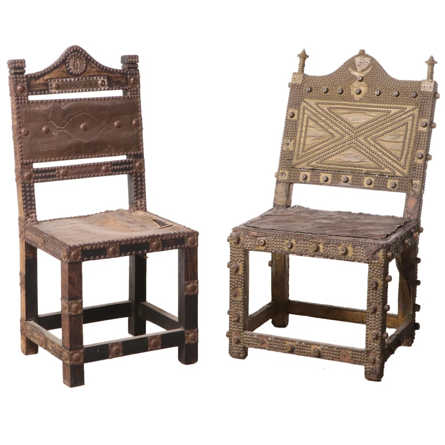 Two African Side Chairs with Brass Nailheads and Hide Seats, Early 20th Century