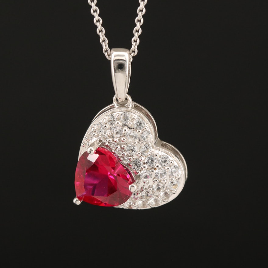 Sterling Ruby and White Sapphire Heart Pendant Necklace
