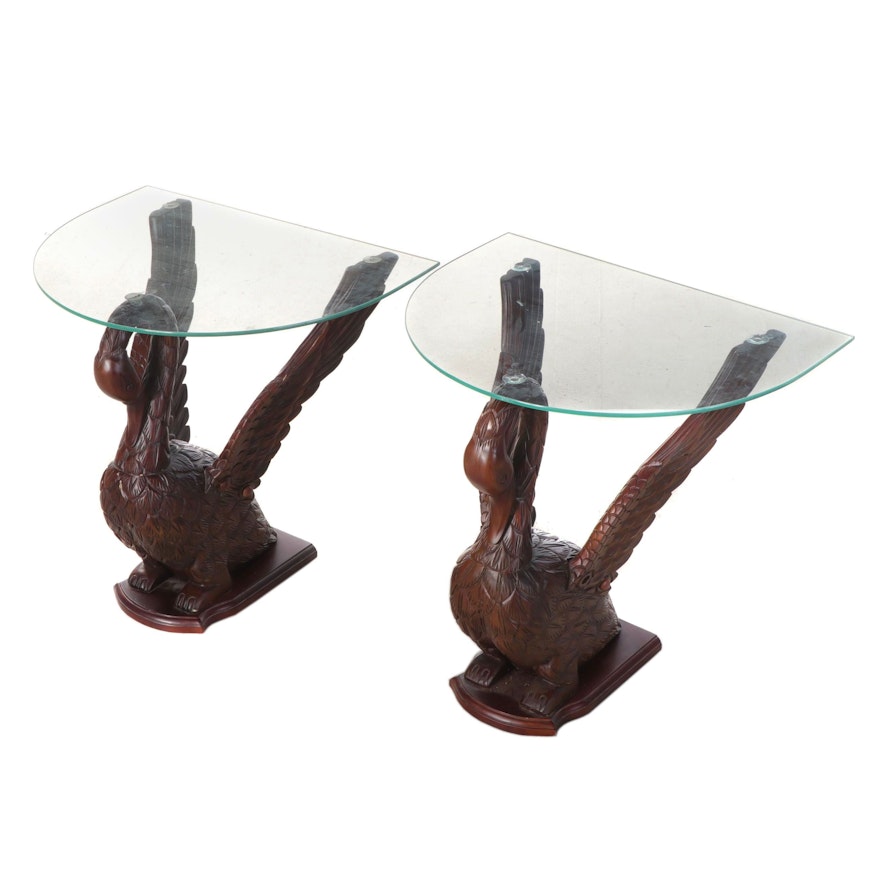 Half Moon Glass Topped Carved Swan Pedestal Tables
