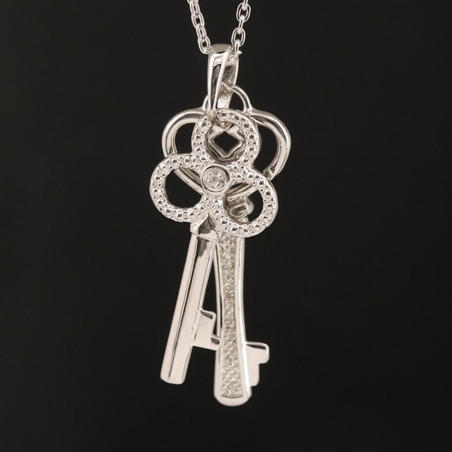 Sterling Diamond Double Key Pendant Necklace