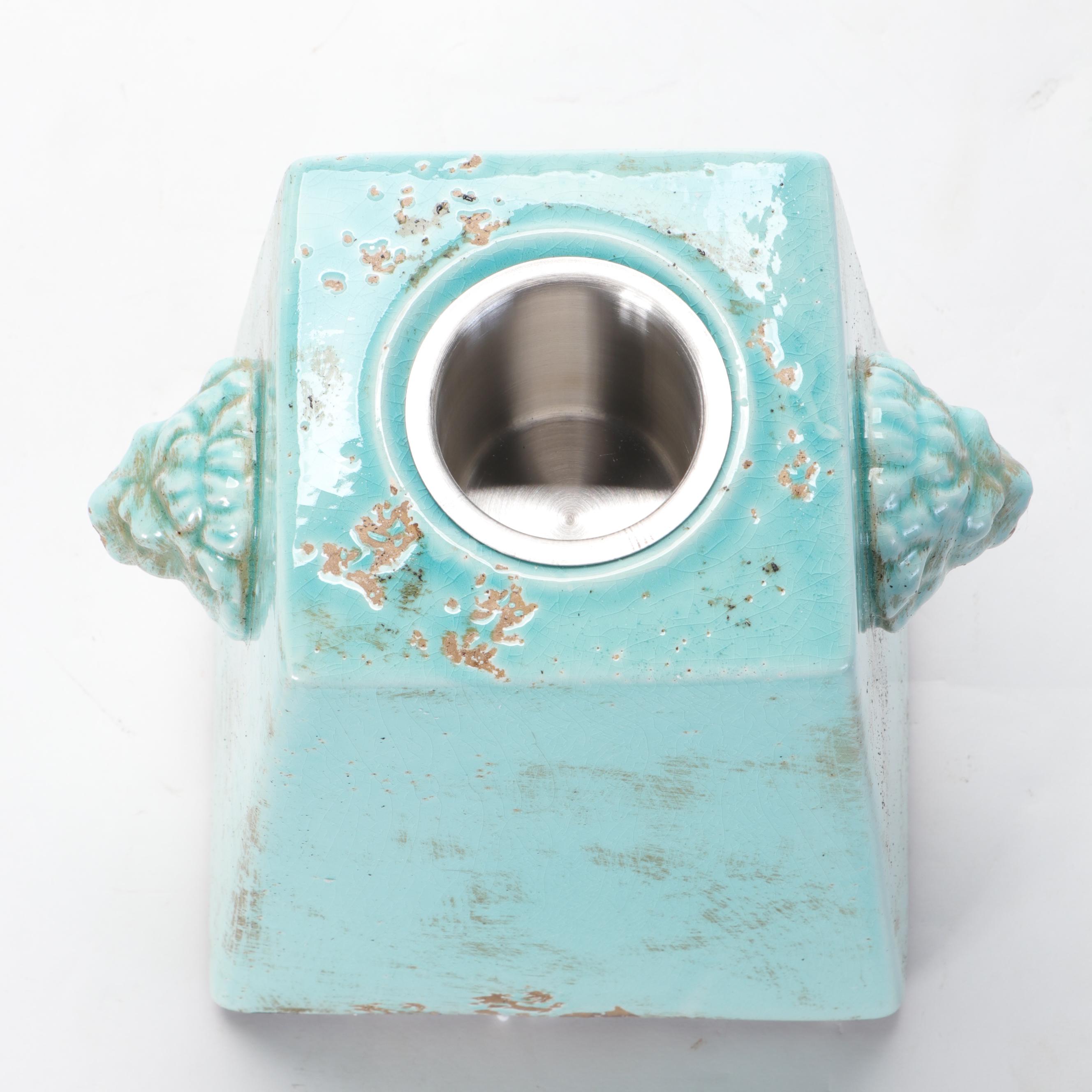 Four Napa Home & Garden Turquoise Glazed Ceramic Fire Pots with Citronella Oil