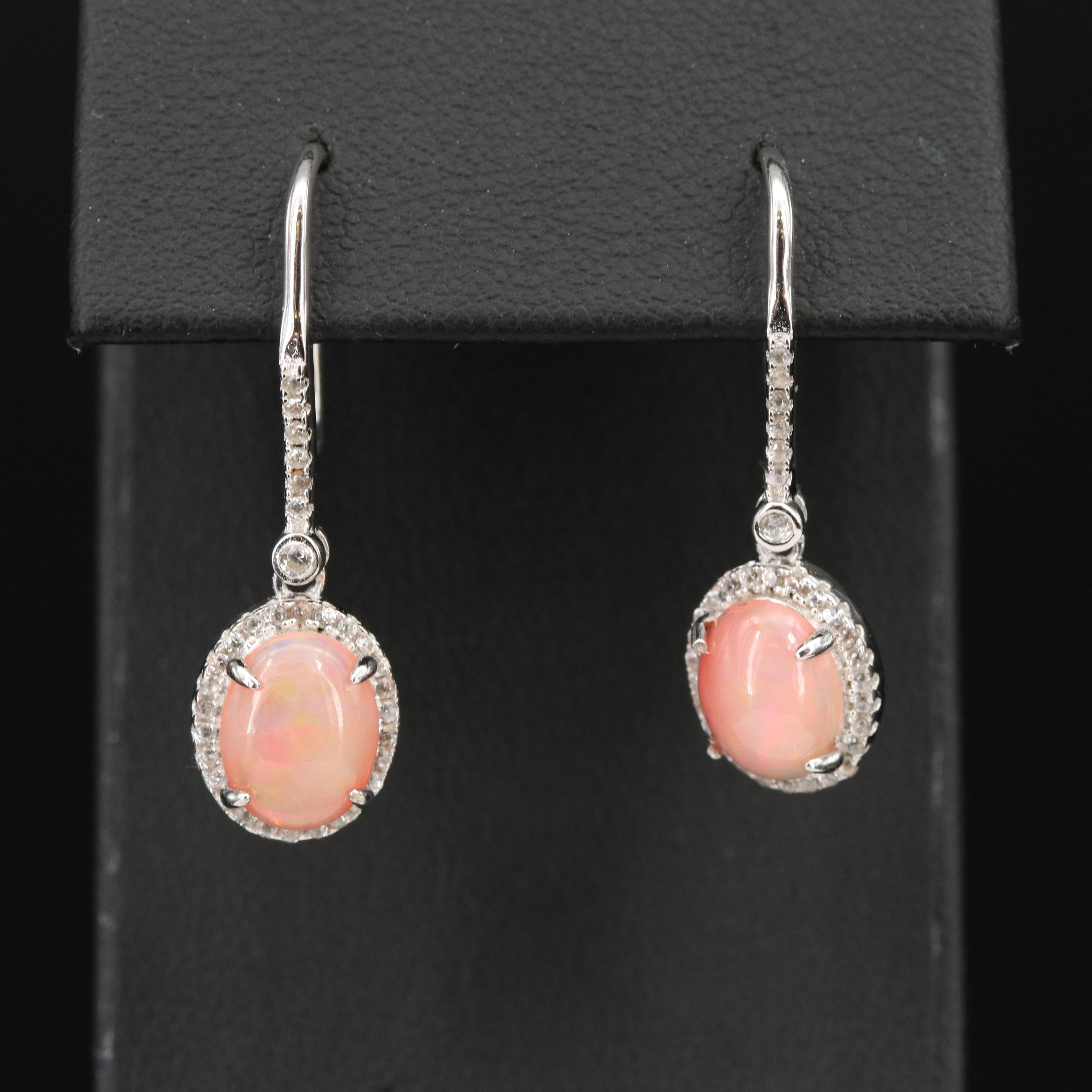 Sterling Opal and Zircon Halo Drop Earrings