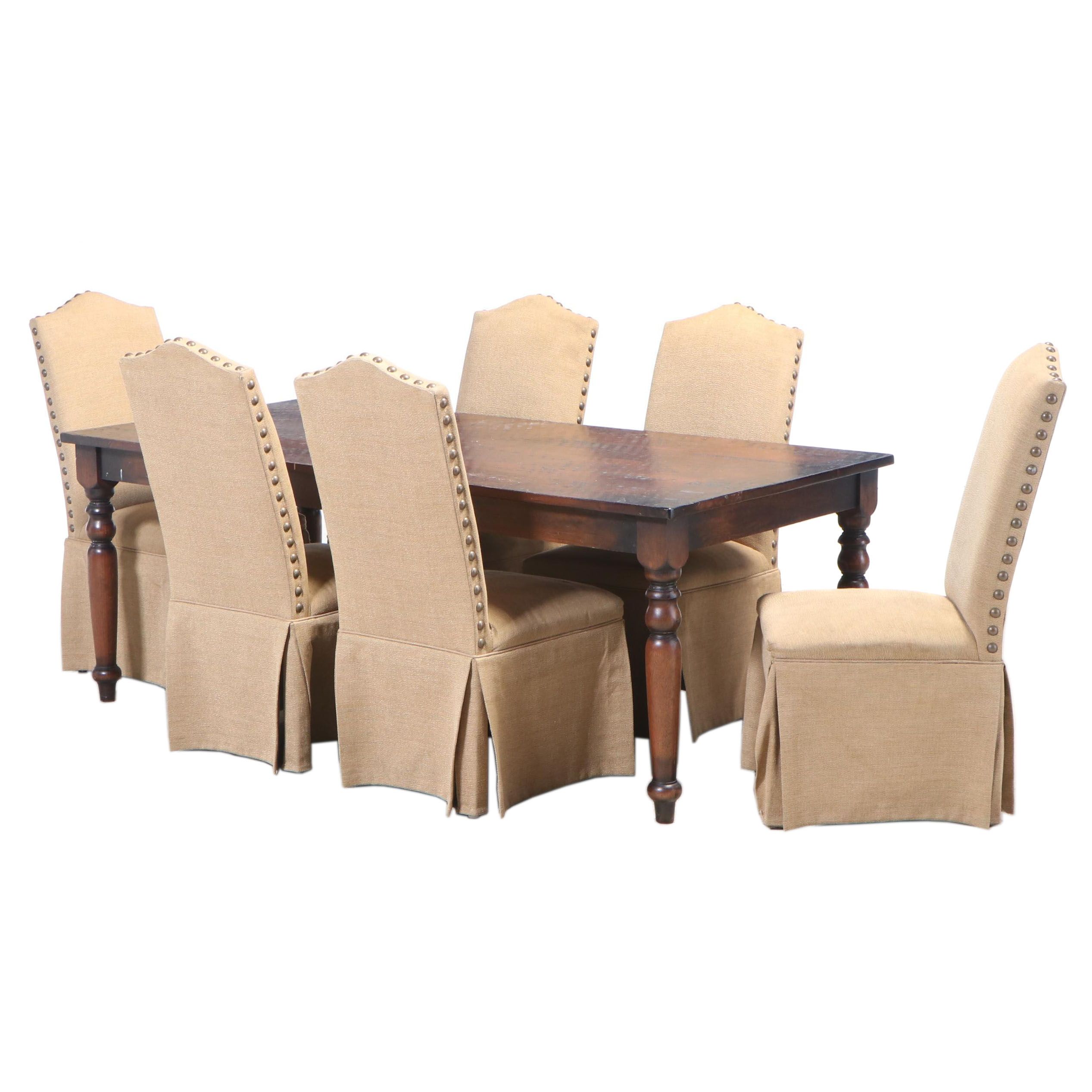 Container Marketing Farmhouse Dining Table and Six Brass-Tacked Parsons Chairs