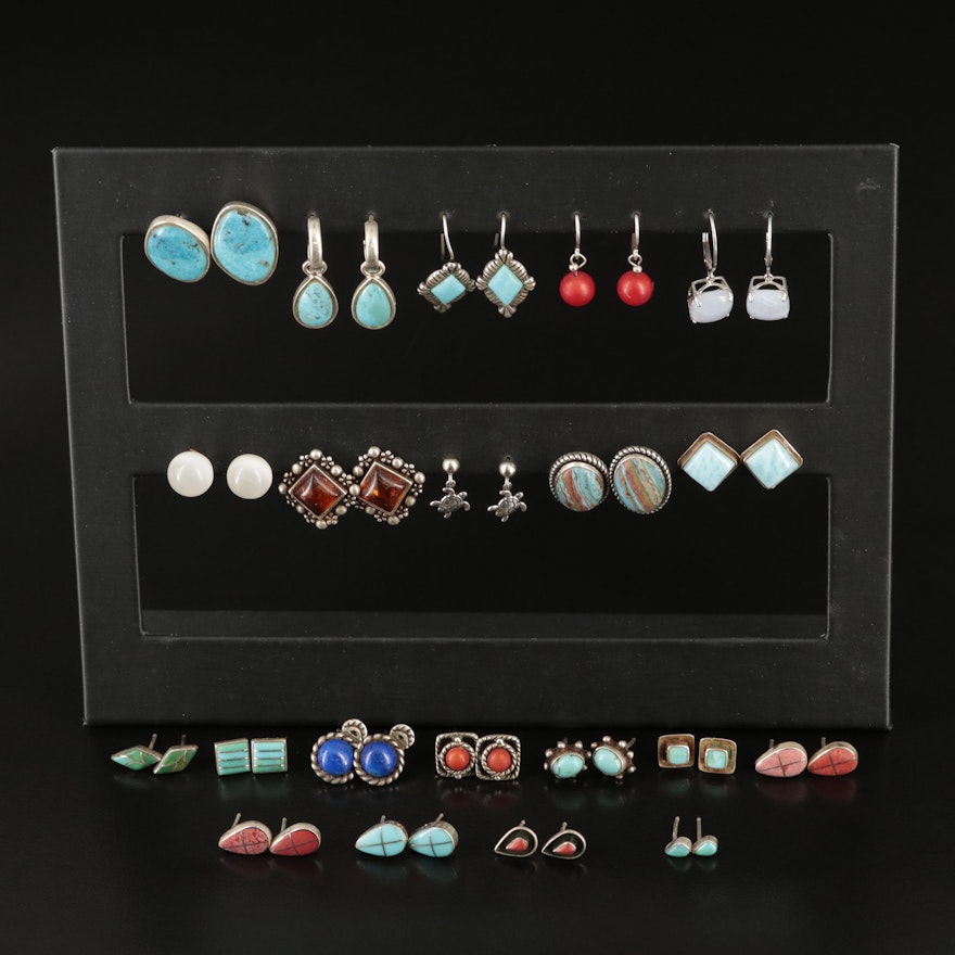 Marcus Yowytewa Hopi, Turquoise and Copal Featured in Sterling Earrings