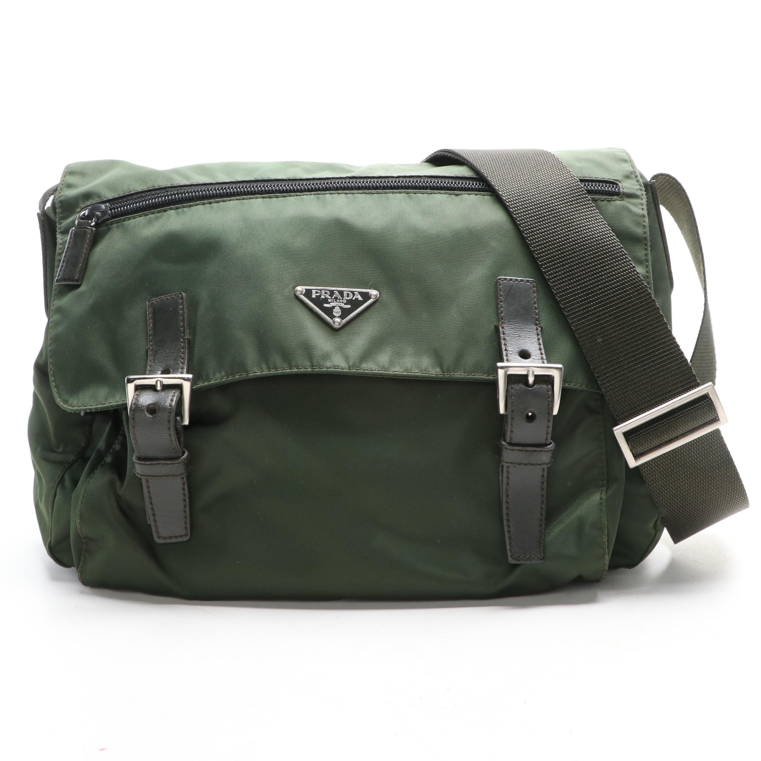 Prada Small Messenger Bag in Green Nylon Gabardine with Leather Trim