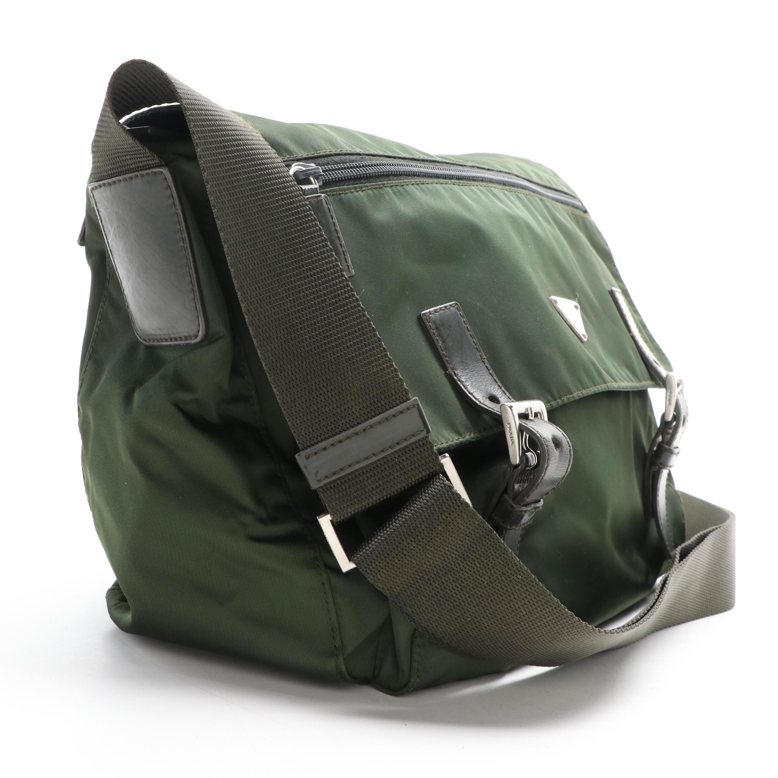 Prada Small Messenger Bag in Green Nylon Gabardine with Leather Trim
