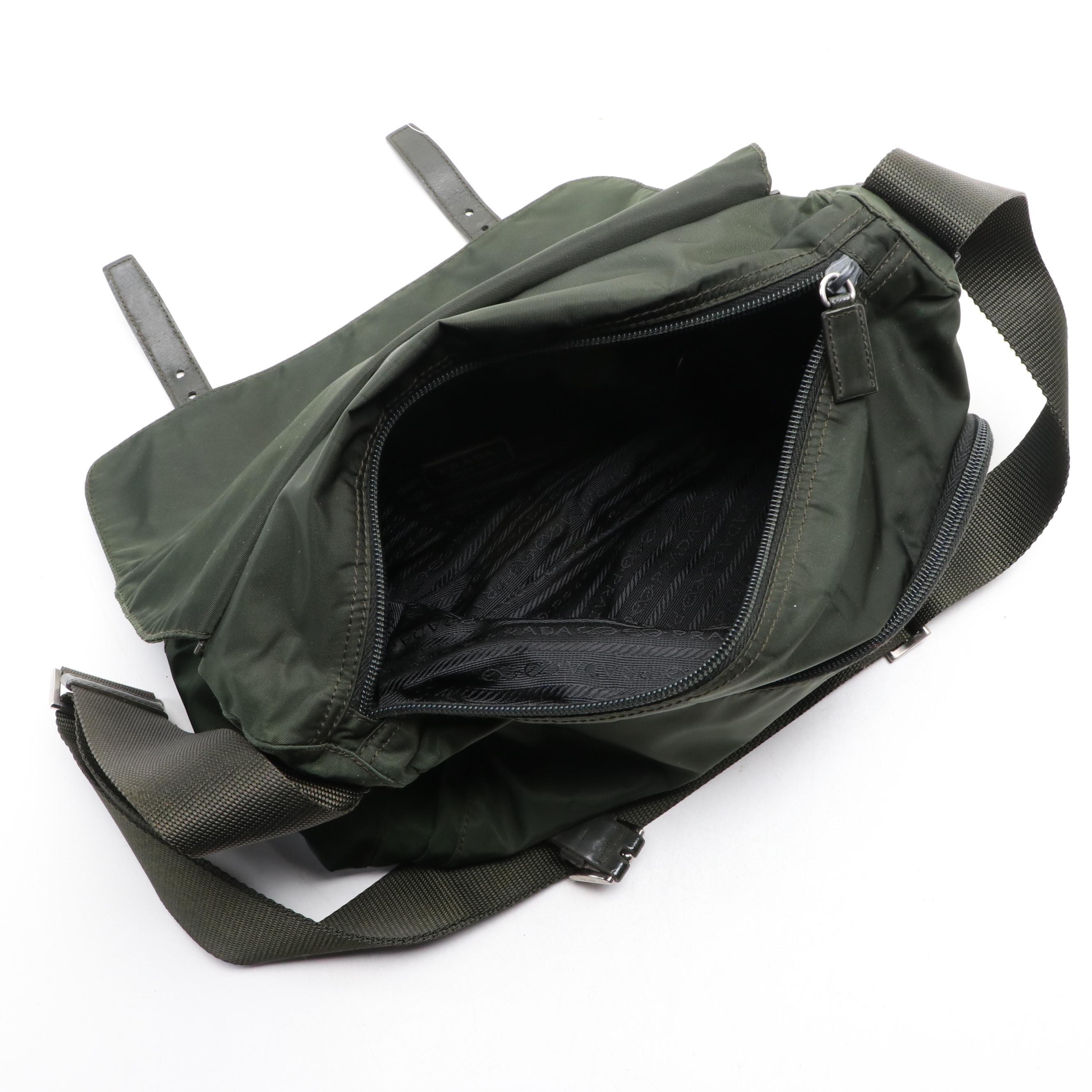Prada Small Messenger Bag in Green Nylon Gabardine with Leather Trim