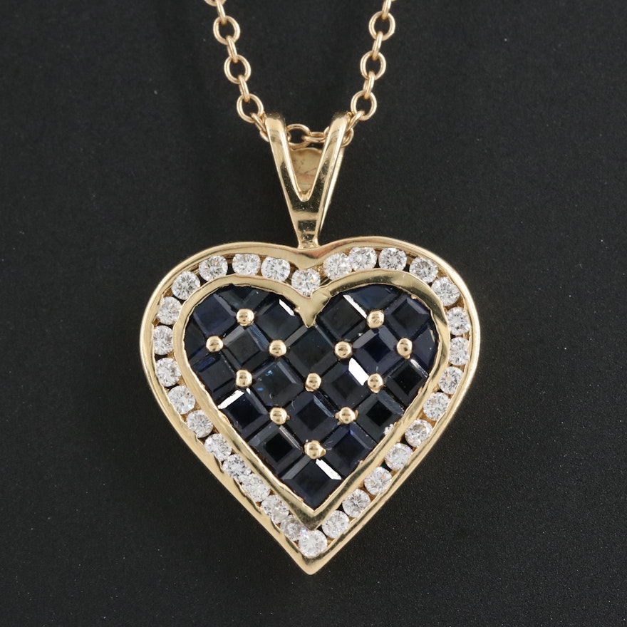 14K Sapphire and Diamond Heart Pendant Necklace