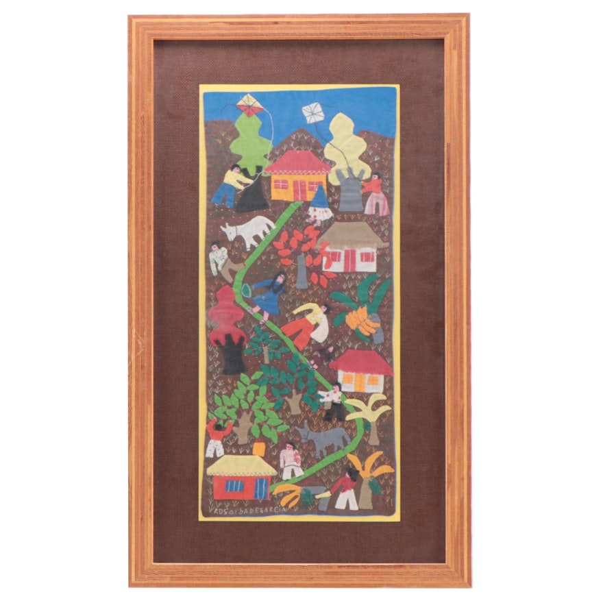 Rosa Garcia Village Landscape Folk Art Textile